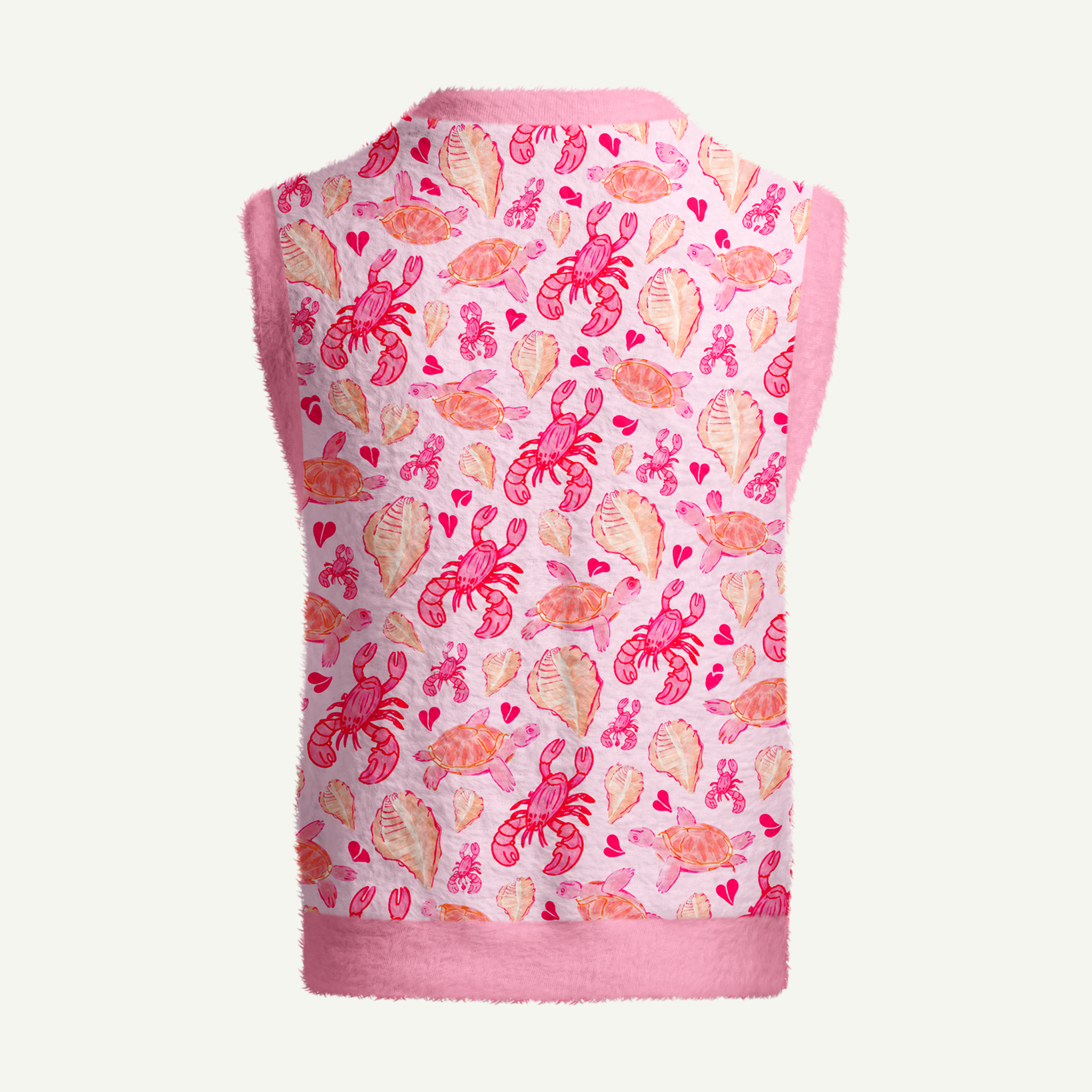 Pink Lobster Turtle Seashell Paradise Women's Fuzzy Vest Sweater