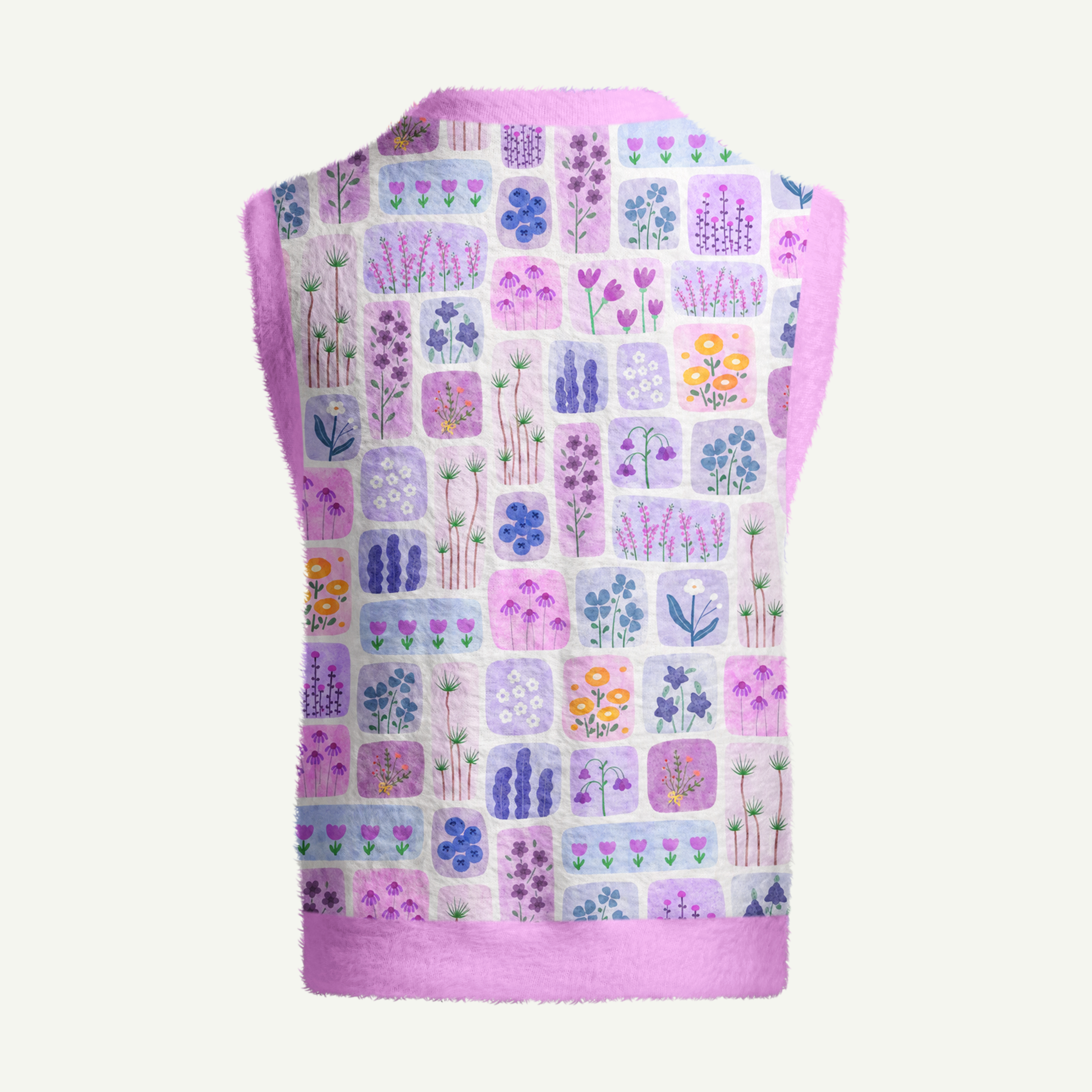 Purple Wildflower Botanical Tiles Women's Fuzzy Vest Sweater