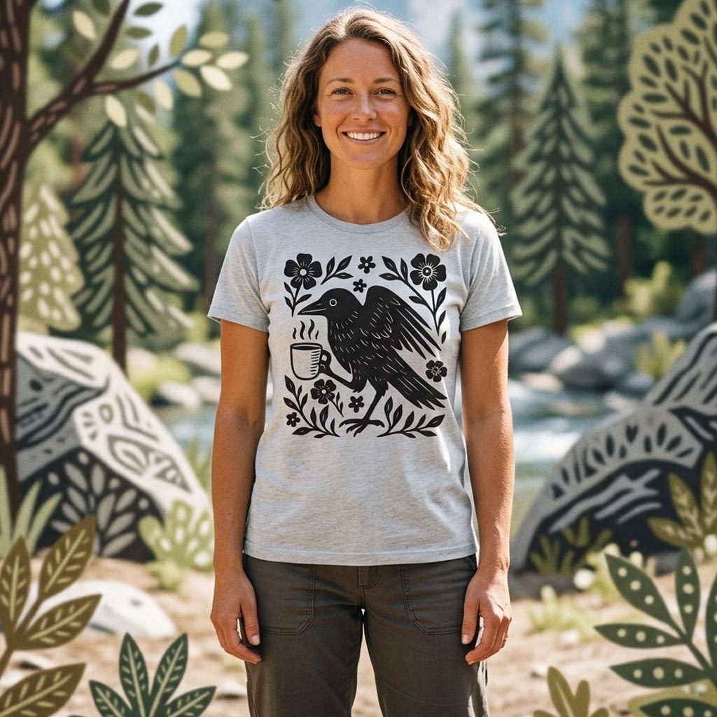 MDCTBYWY26071701Coffee Crow Folk Art T-Shirt