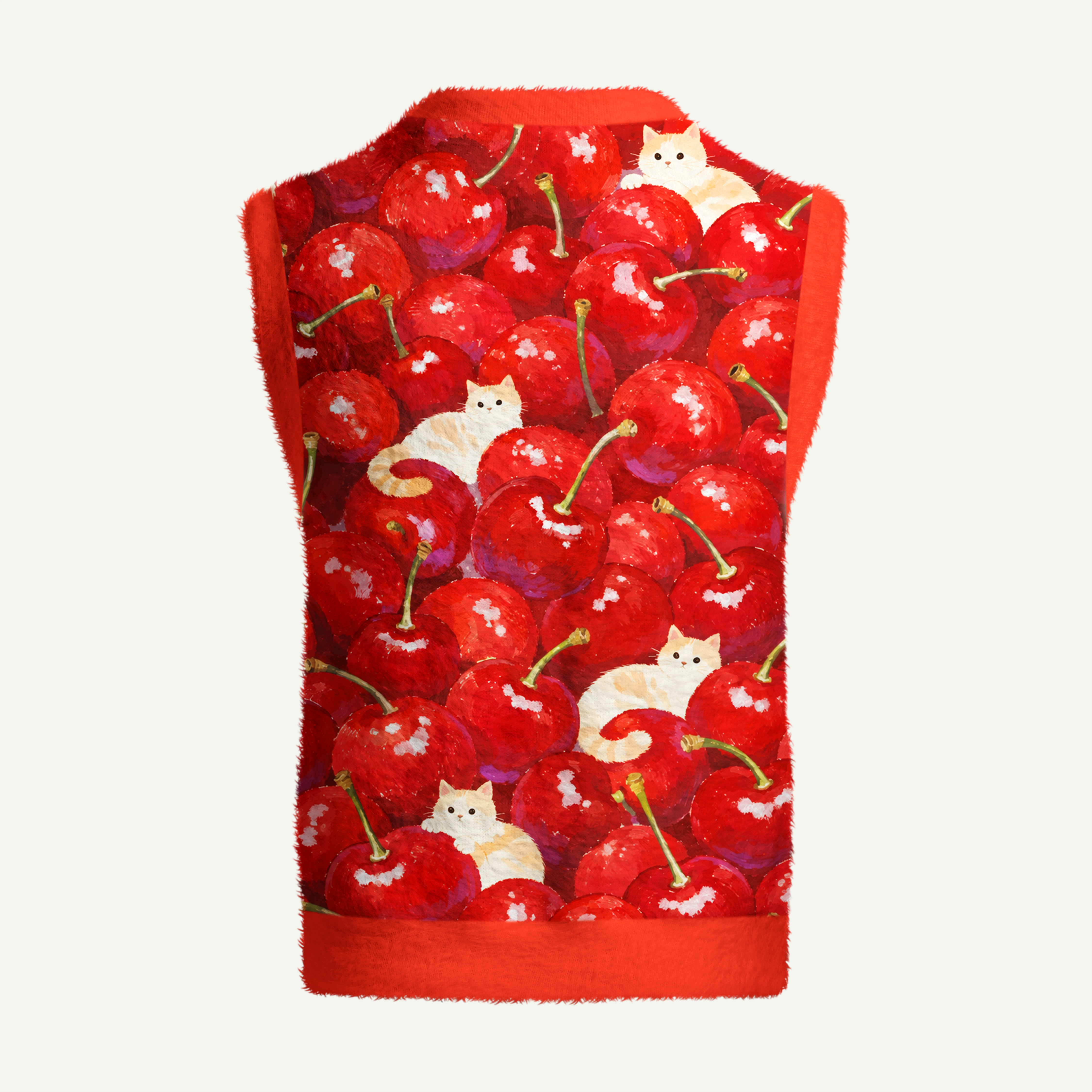 Cream Cats In Cherry Garden Women's Fuzzy Vest Sweater