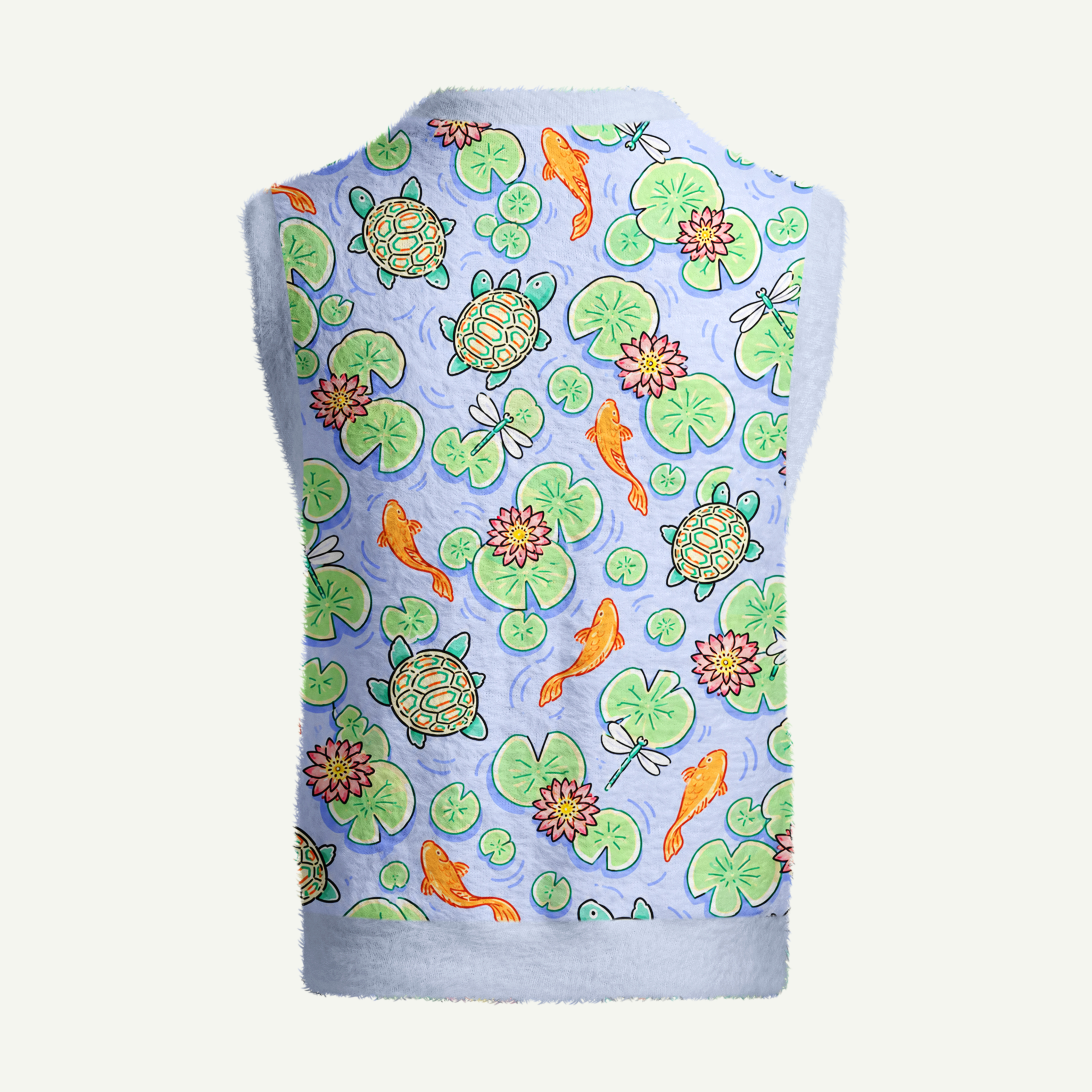 Koi Turtle Lotus Pond Garden Women's Fuzzy Vest Sweater