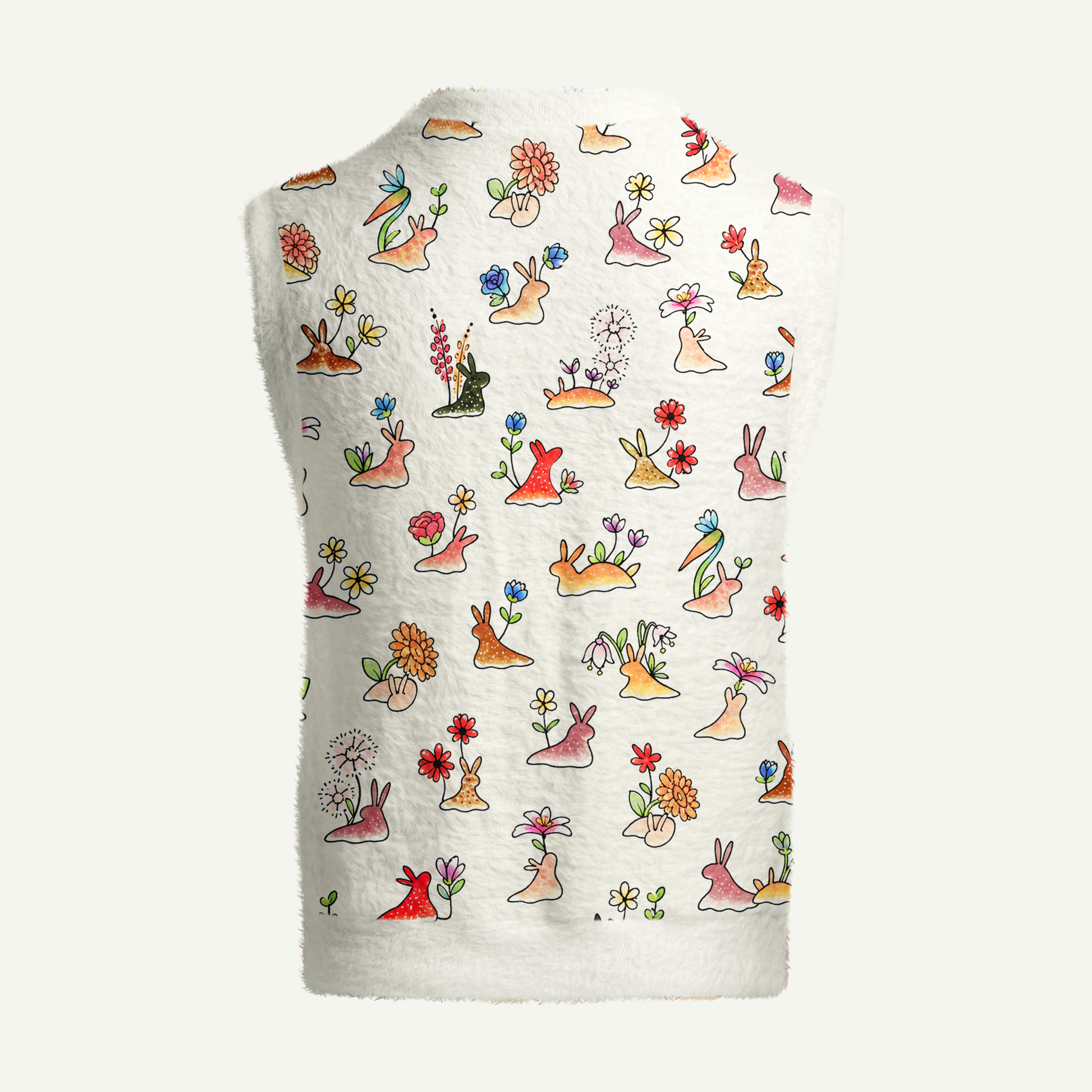 Whimsical Garden Rabbit Flower Pattern Women's Fuzzy Vest Sweater