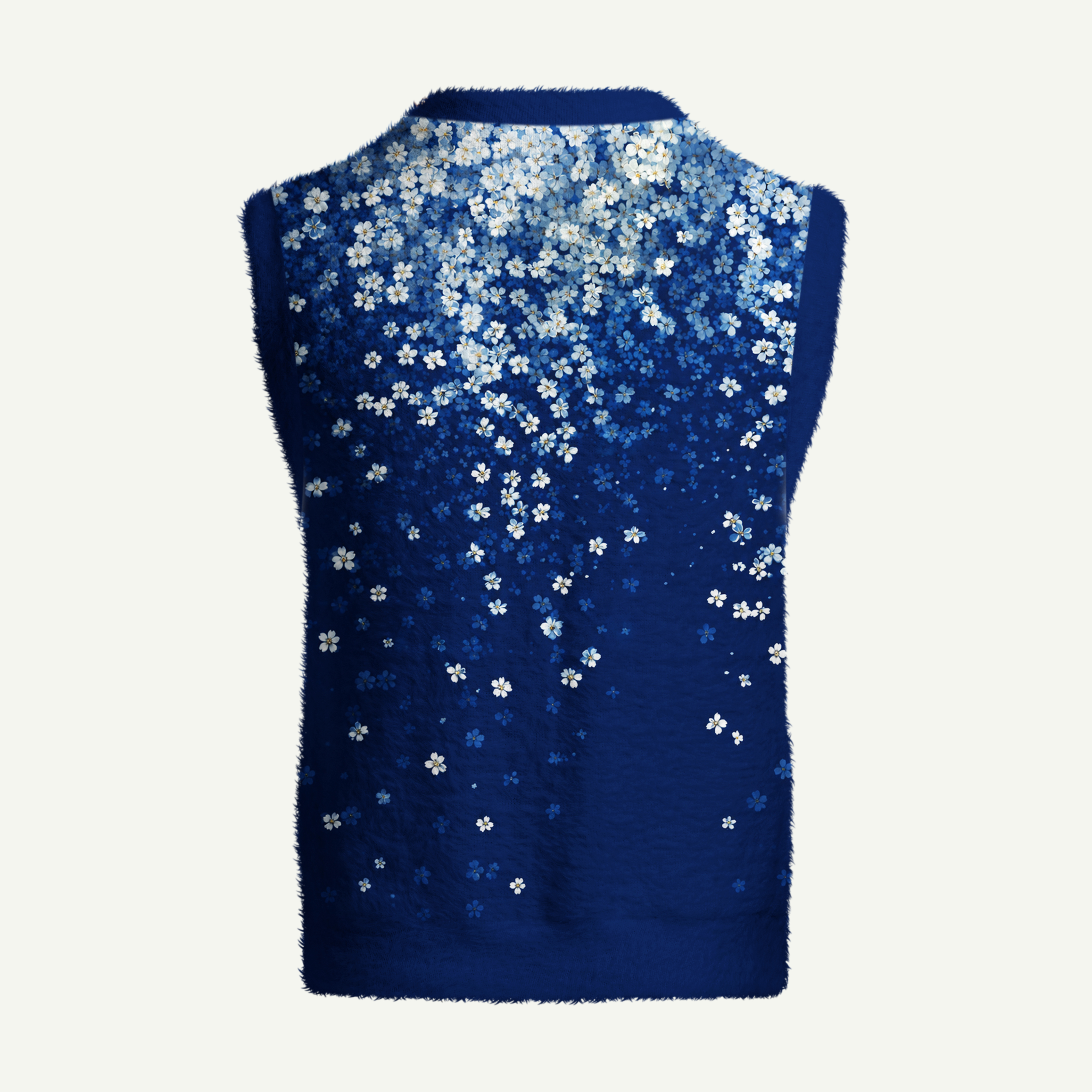 Midnight Blue Cascading White Flowers Women's Fuzzy Vest Sweater