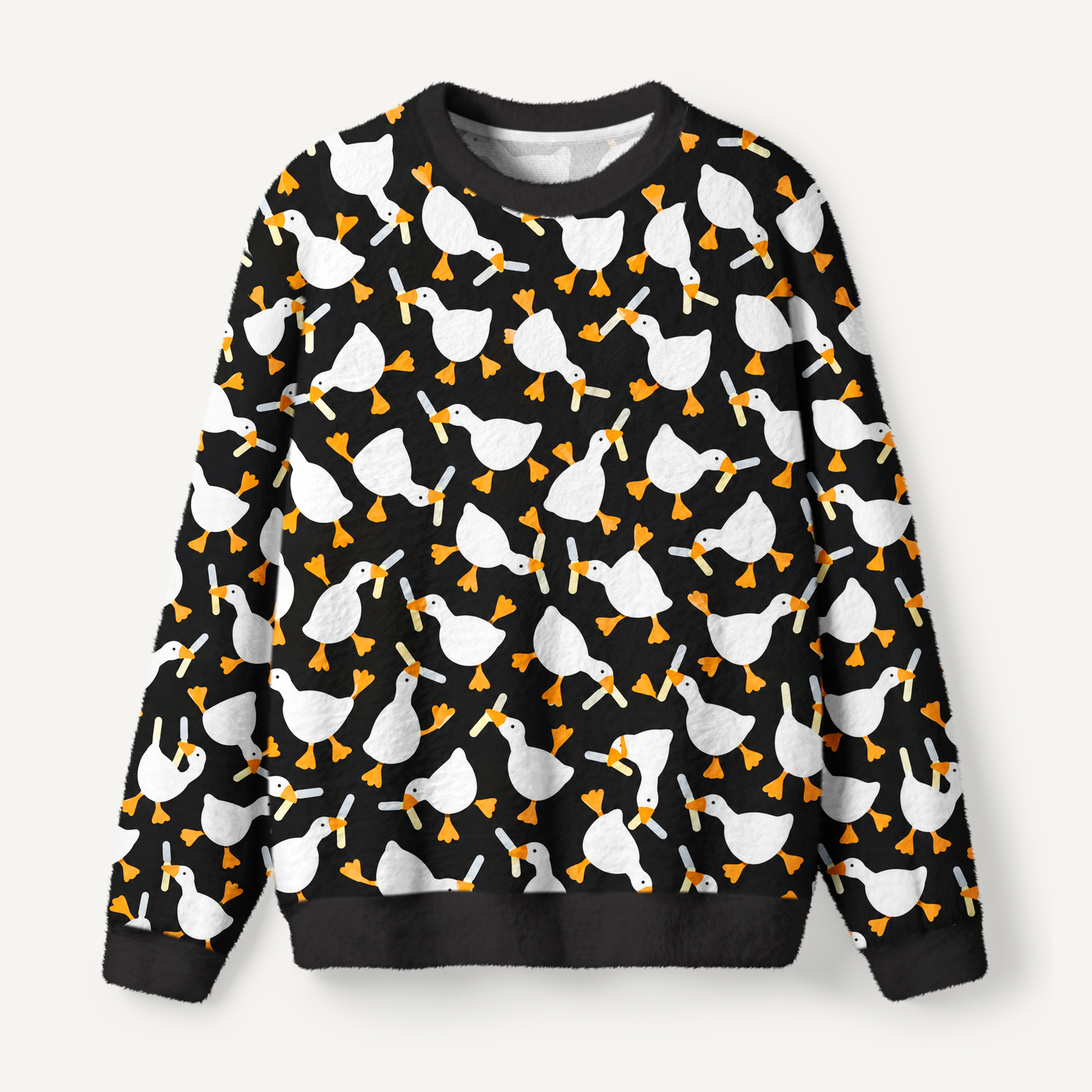 White Goose Black Pattern Ugly Fuzzy Fleece Sweatshirt