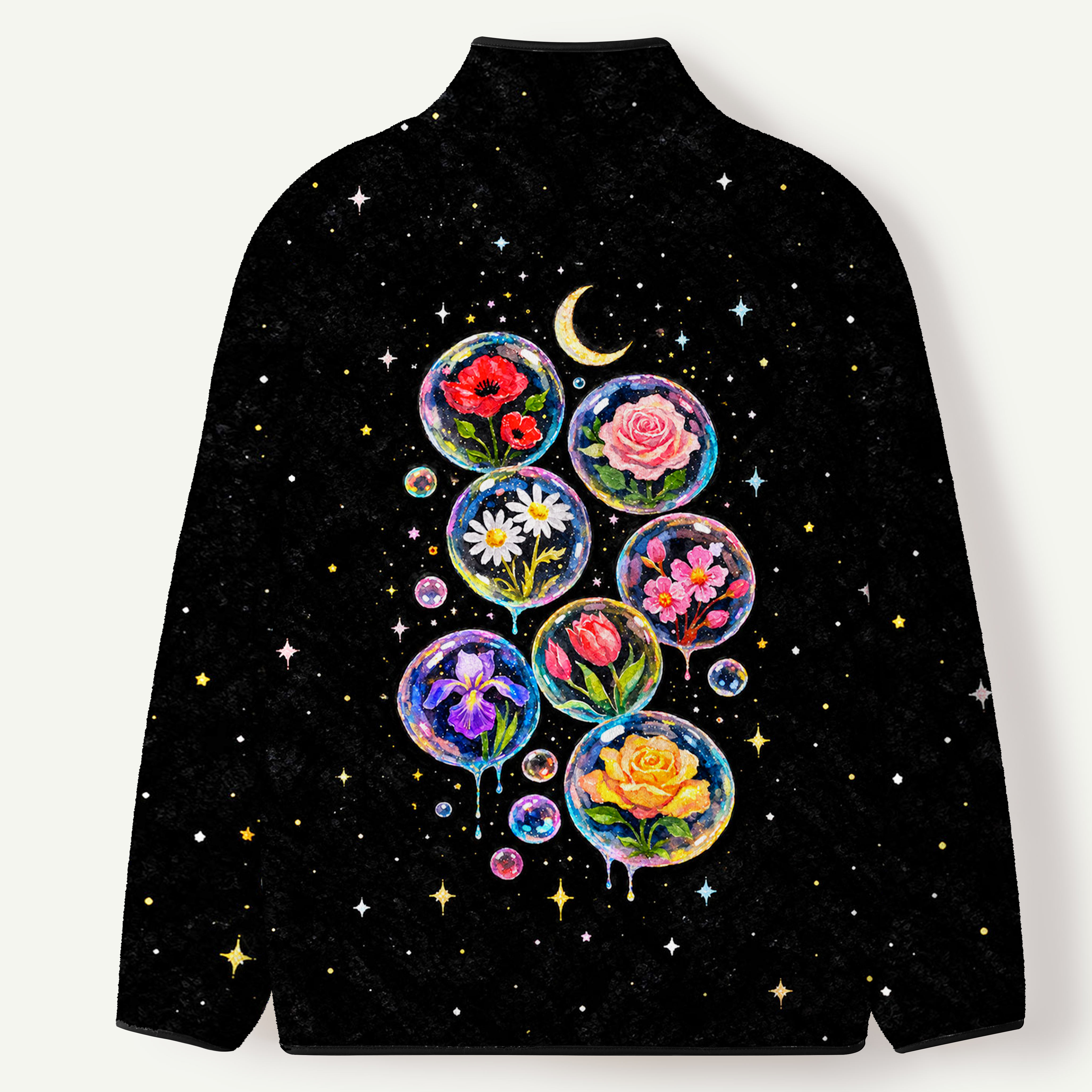Moonlit Flower Orbs Women's Flannel Zip Front Cardigan