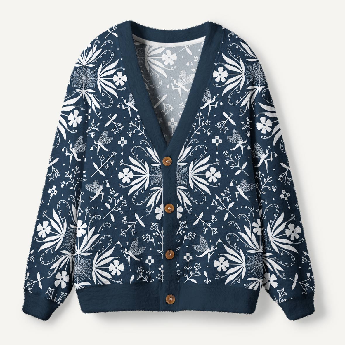 Midnight Blue Magical Garden Bees Spiderweb And Wildflowers Ugly Cardigan Sweaters