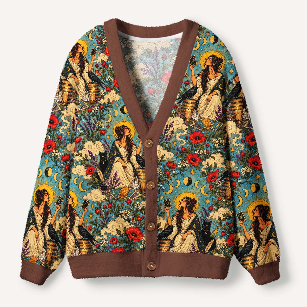 L Intuition Celestial Witch With Black Cat And Raven Tarot Ugly Cardigan Sweaters