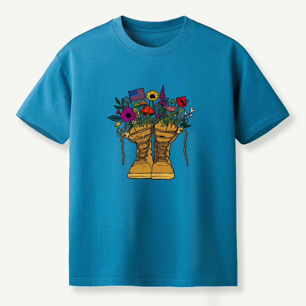 American Flag Combat Boots Wildflower Mushroom Garden T-Shirt