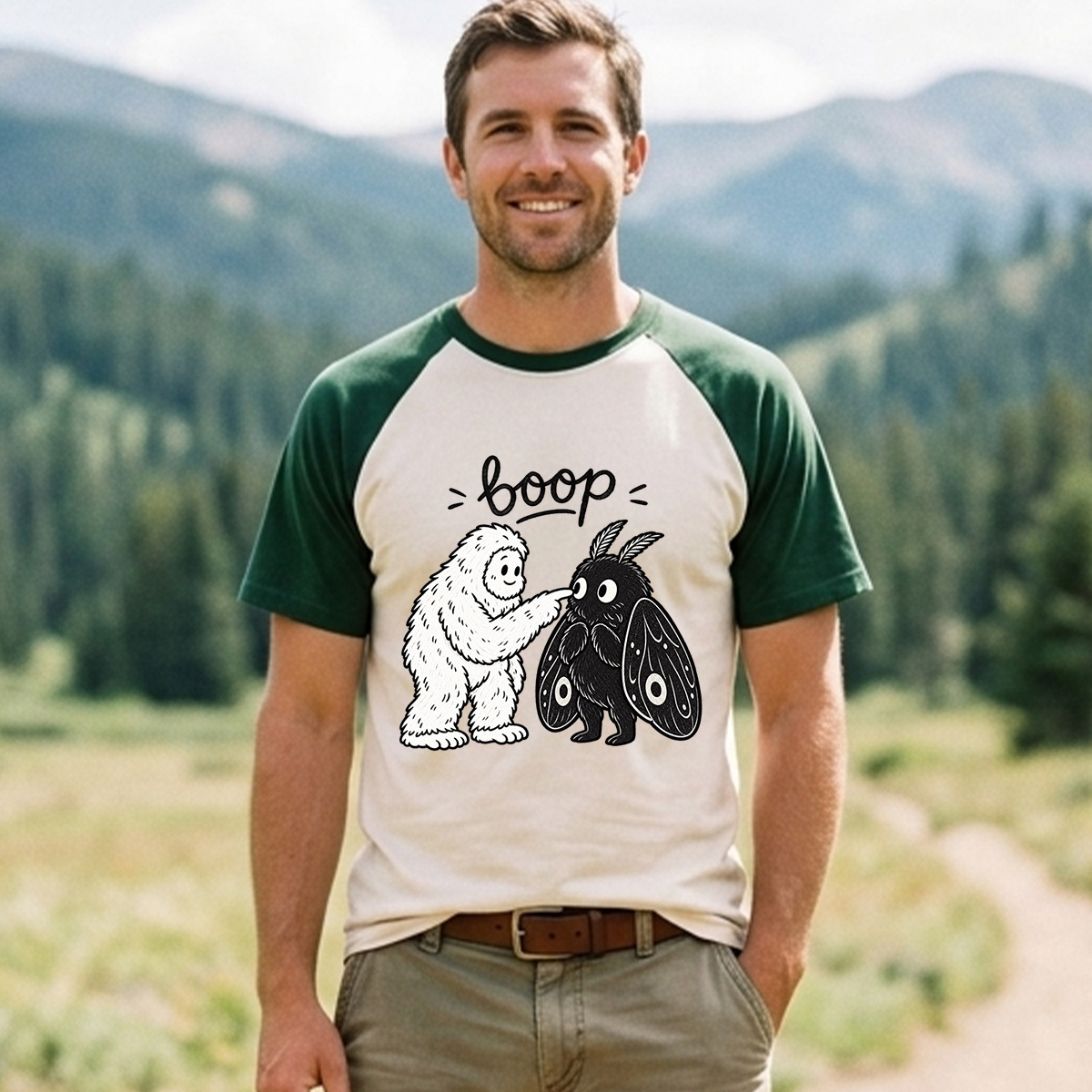 Boop Bigfoot And Mothman Cute Encounter Raglan T-Shirt
