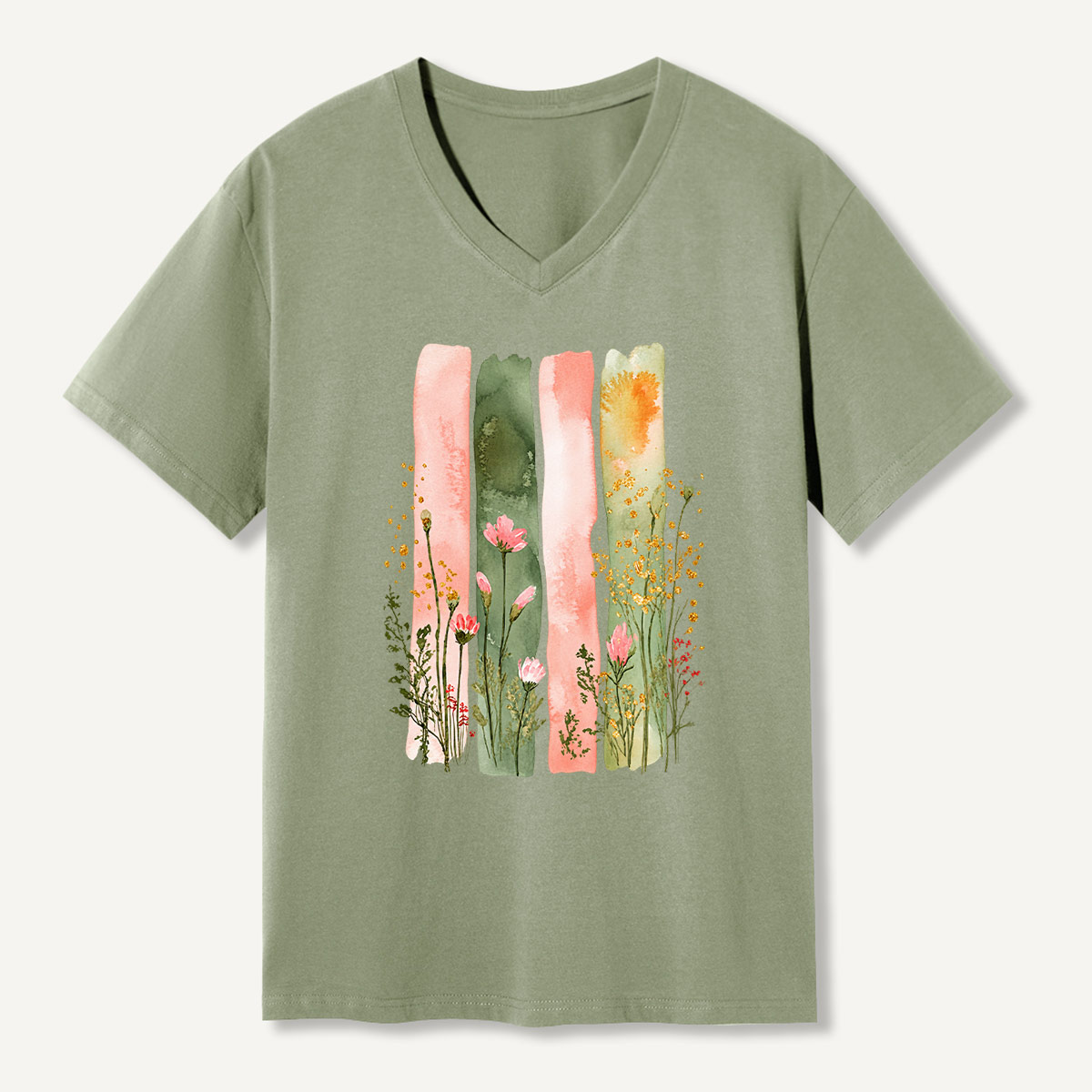 Pastel Wildflower Watercolor Stripes Illustration V-neck T-Shirt