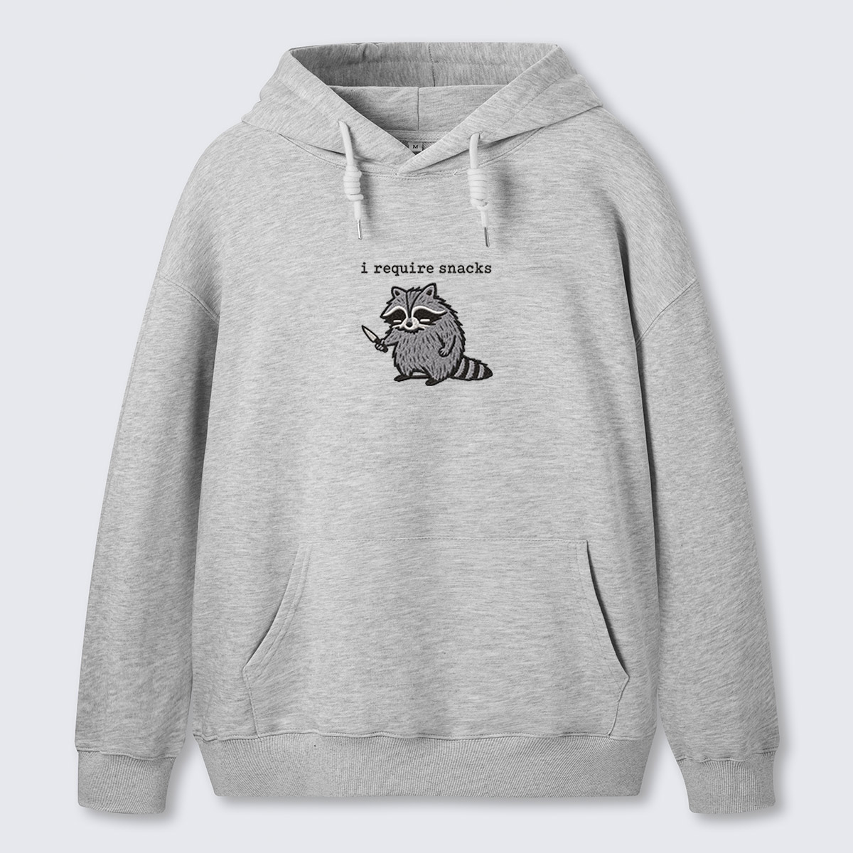 I Require Snacks Raccoon Embroidered Cotton Hoodie
