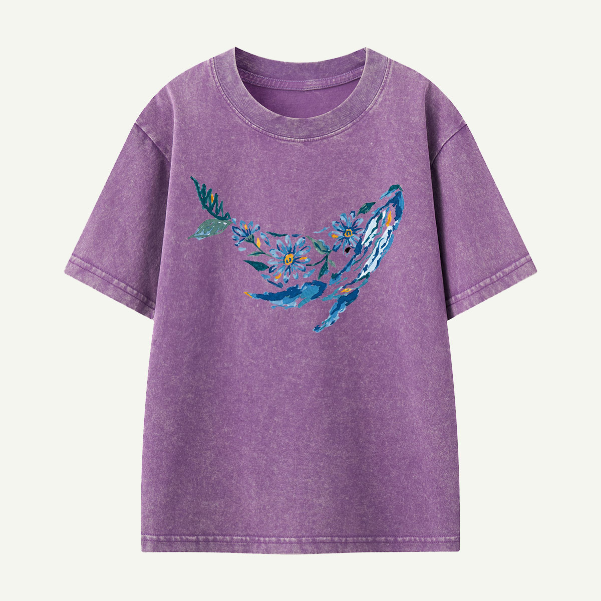 Floral Whale Silhouette Kids Washed T-Shirt