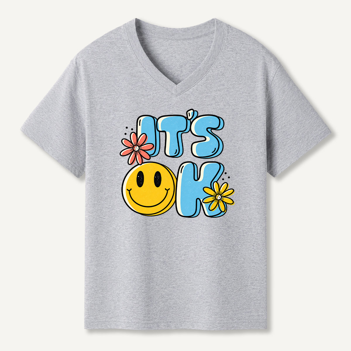 Its Ok Happy Flower Retro Graphic V-neck T-Shirt