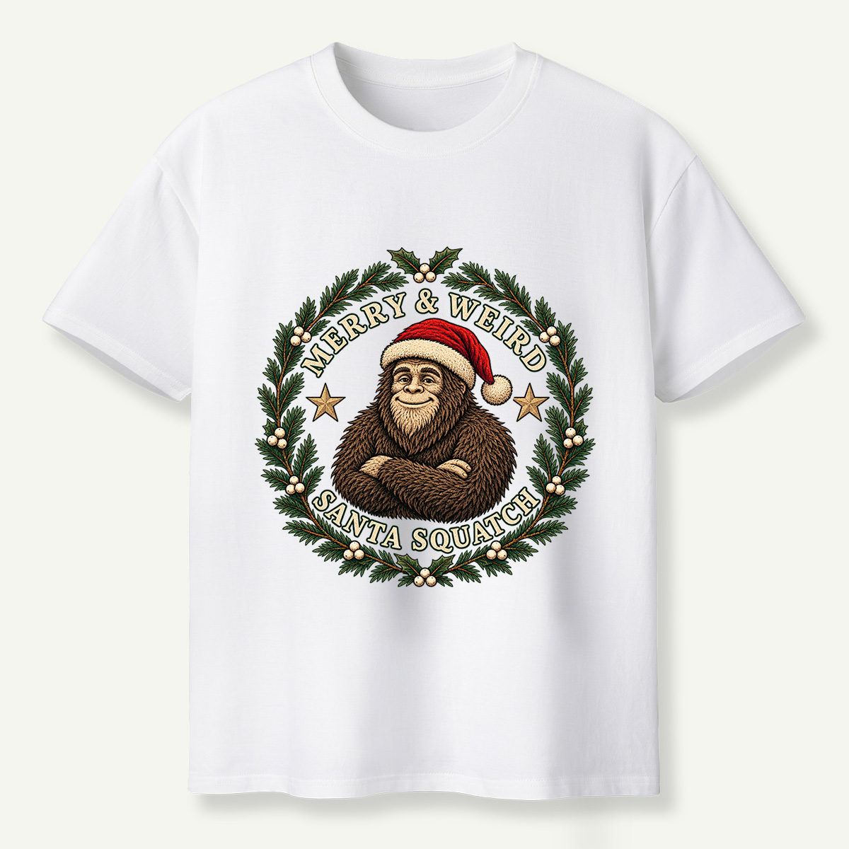 Merry And Weird Santa Squatch Christmas Wreath T-Shirt