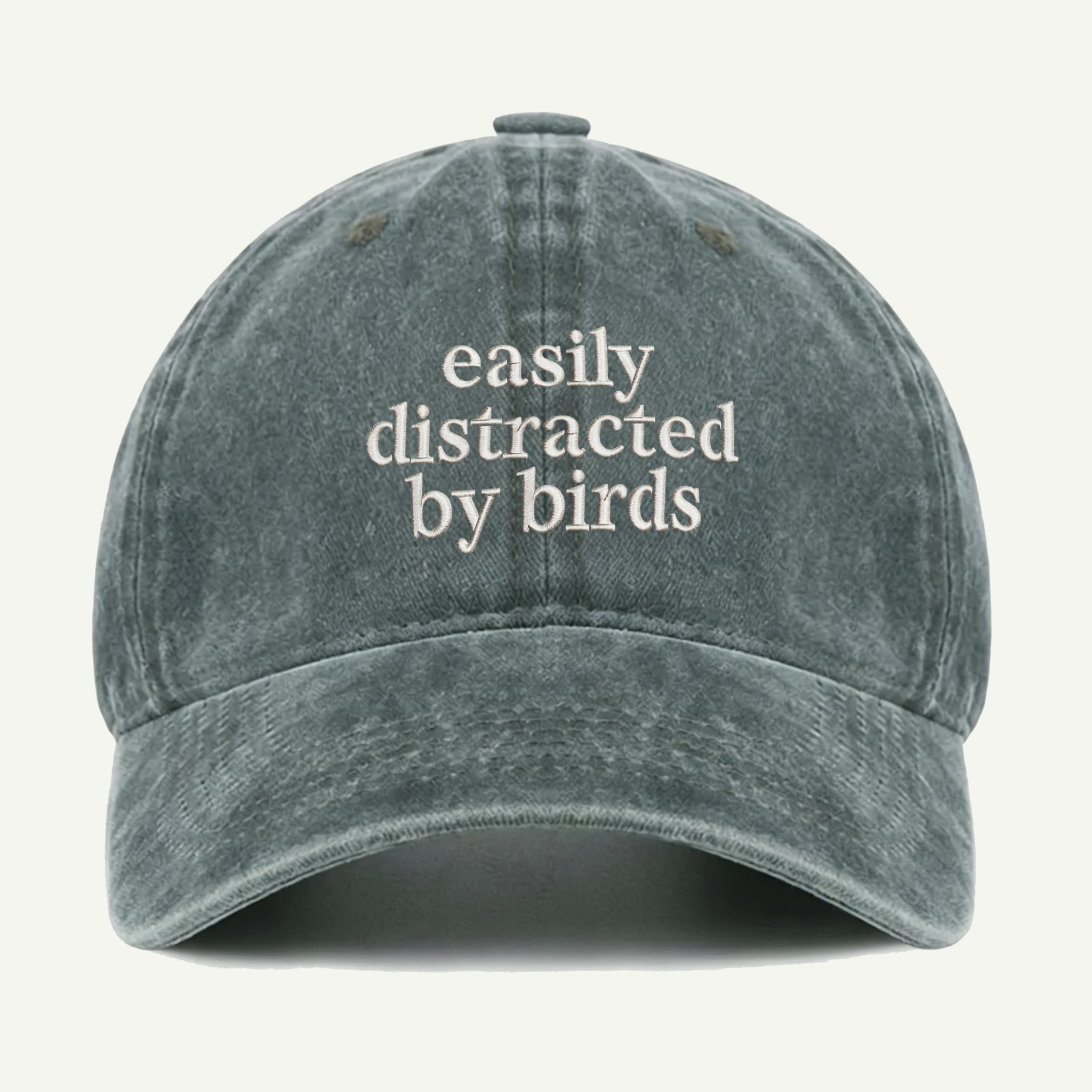 Easily Distracted By Birds Script Washed Embroidered Hat