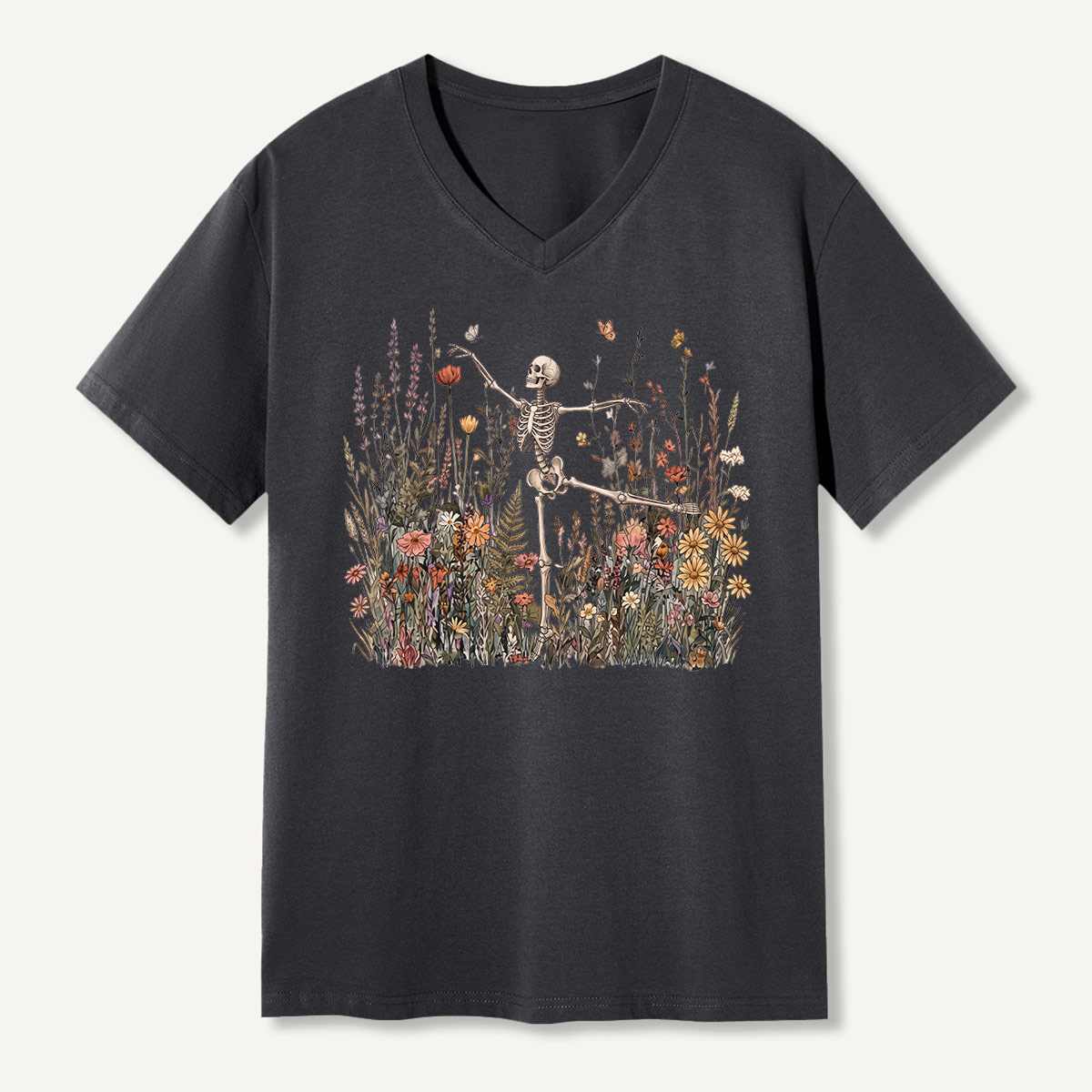 Dancing Skeleton Wildflower Garden V-neck T-Shirt