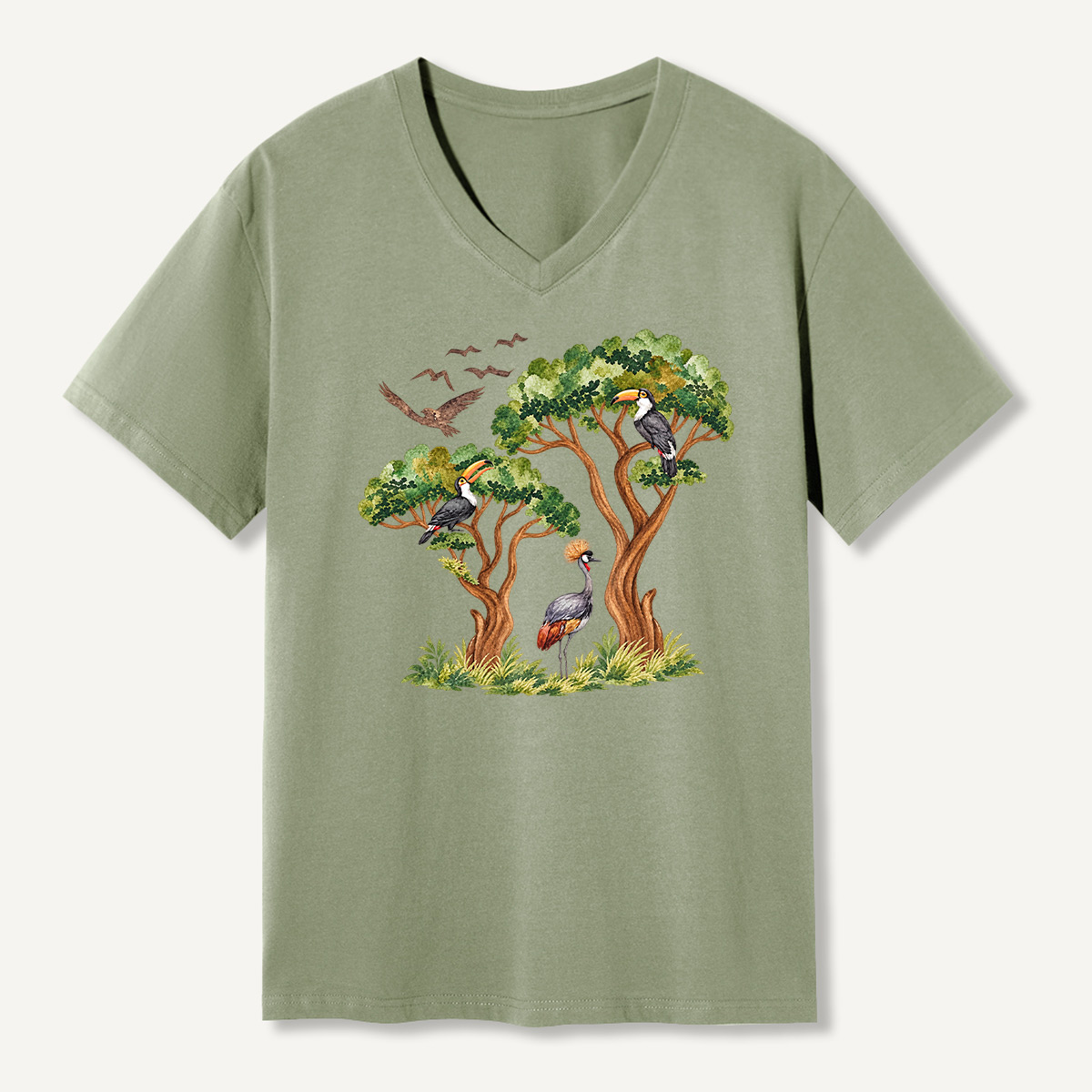 Tropical Toucan And Crowned Crane Forest V-neck T-Shirt
