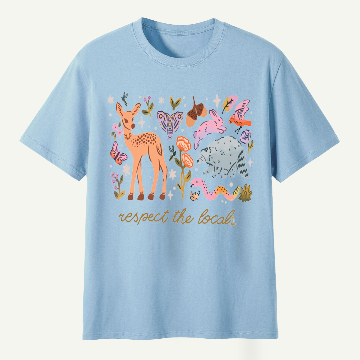 espect The Locals Woodland Wildlife Deer Rabbit Raccoon And Butterfly T-Shirt