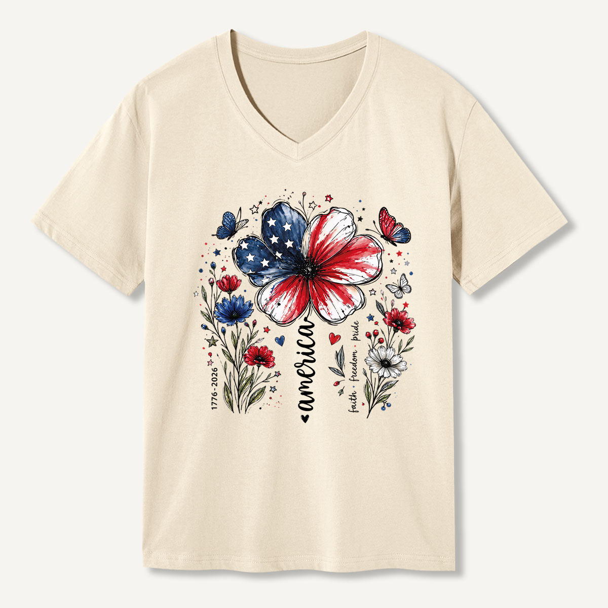 USA 250th Anniversary Floral V-neck T-Shirt