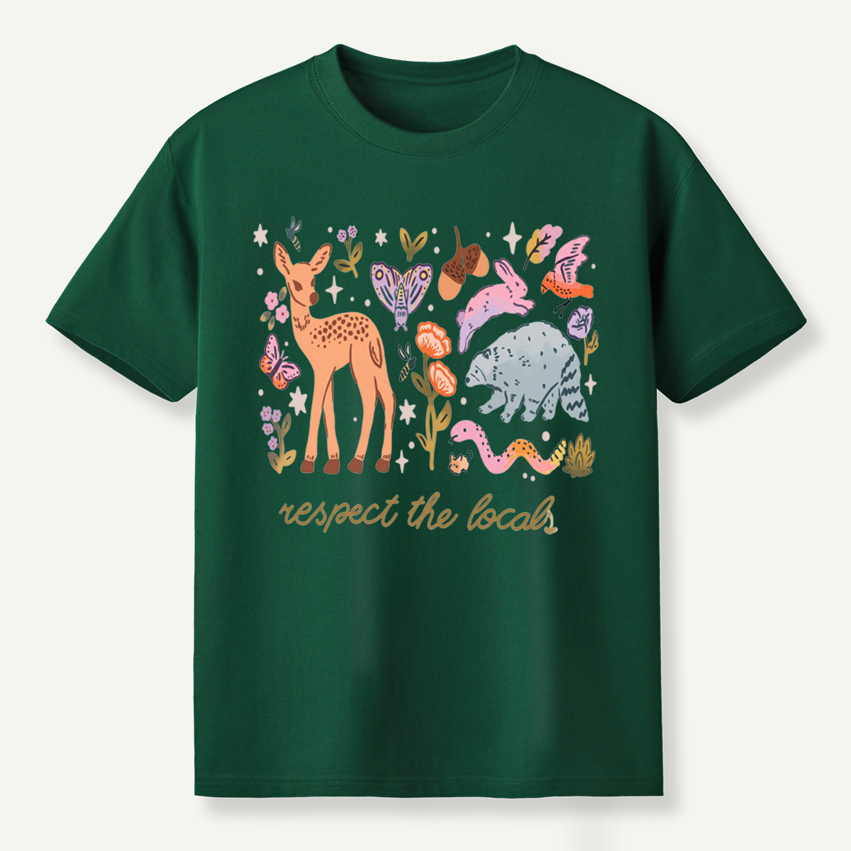 espect The Locals Woodland Wildlife Deer Rabbit Raccoon And Butterfly T-Shirt