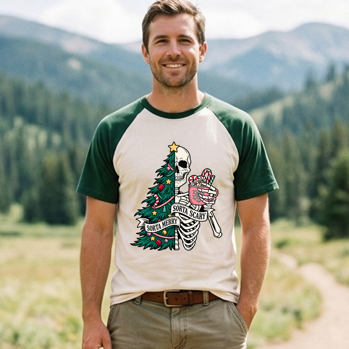 Sorta Merry Sorta Scary Half Skull Christmas Tree Raglan T-Shirt