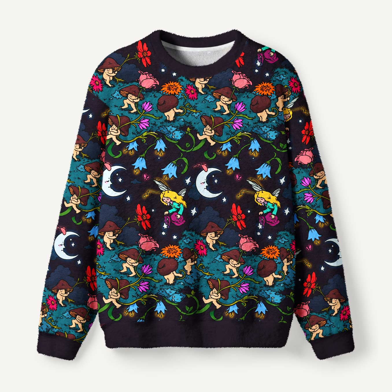 Magical Mushroom Fairies Under The Moon Whimsical Flower Garden Ugly Fuzzy Fleece Sweatshirt