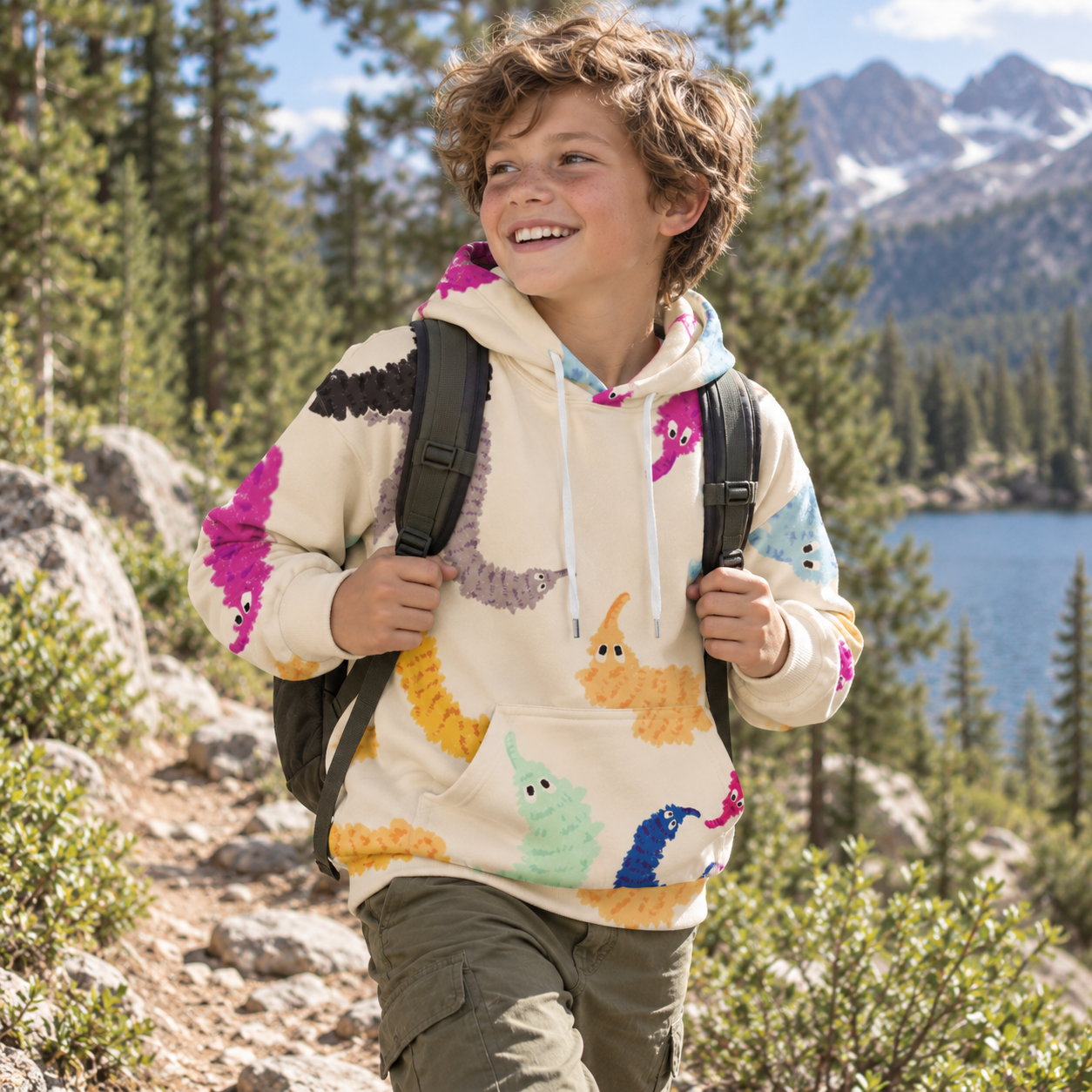 Rainbow Caterpillar Parade Pattern Kids All-over Printed Hoodie