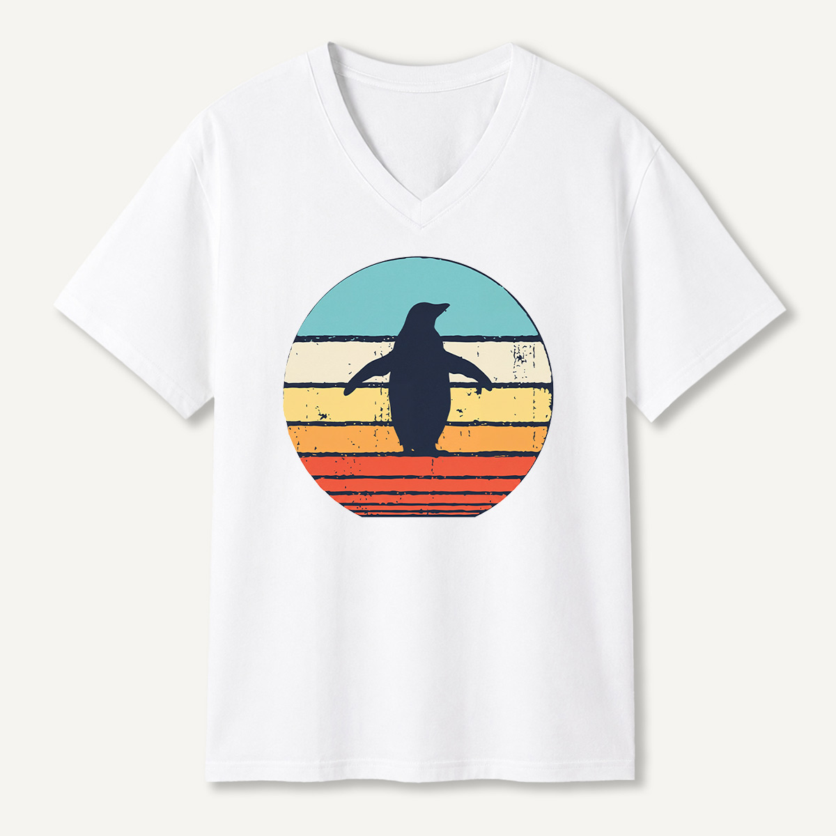 Lone Penguin Retro Sunset V-neck T-Shirt
