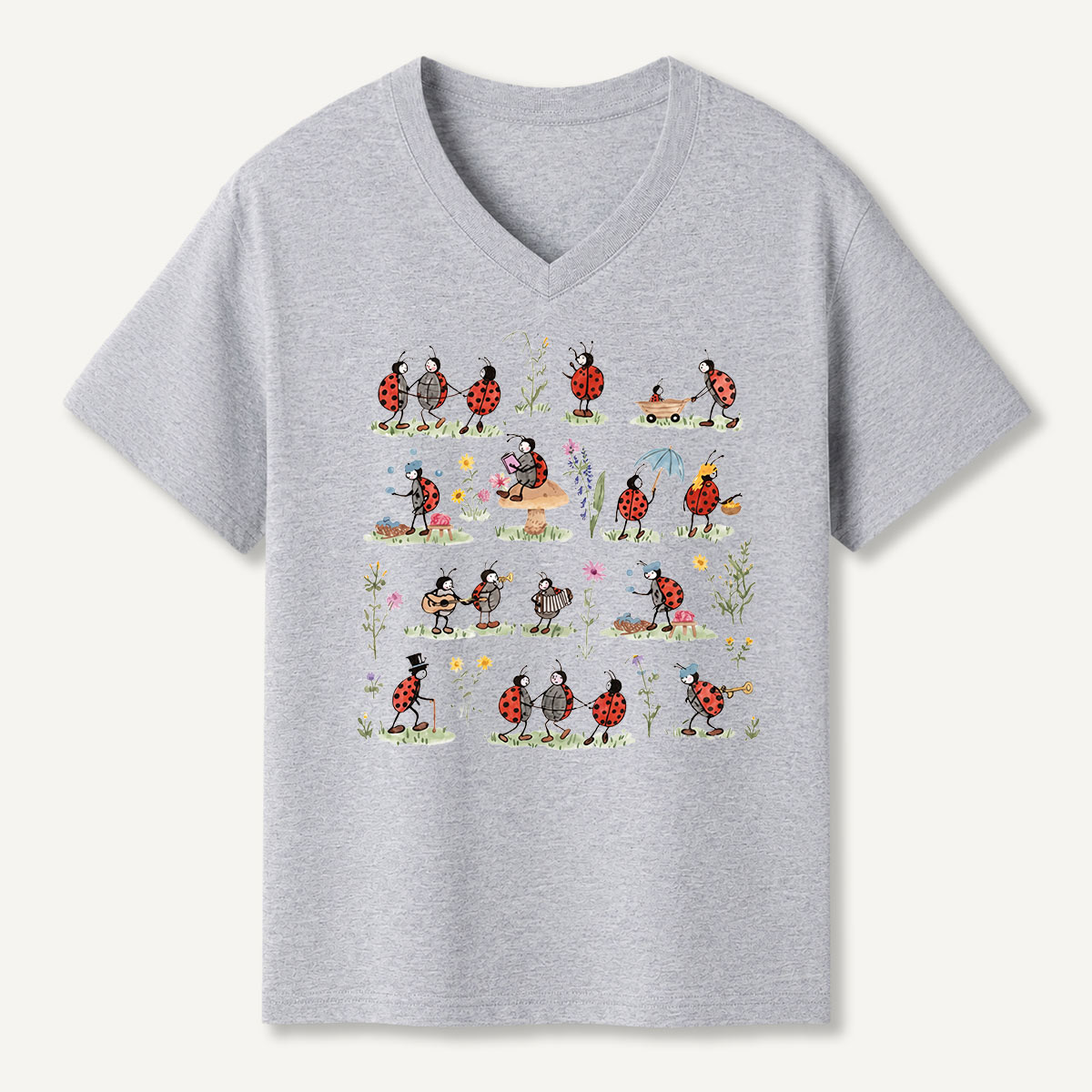 Ladybug and Flower Tee Washed V-neck T-Shirt
