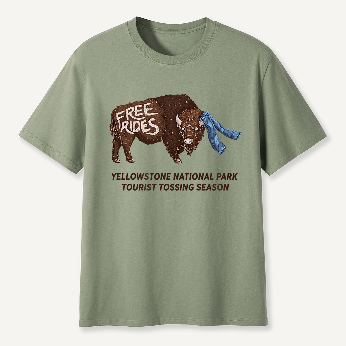 Yellowstone Tourist Tossing Season Free Rides Bison T-Shirt