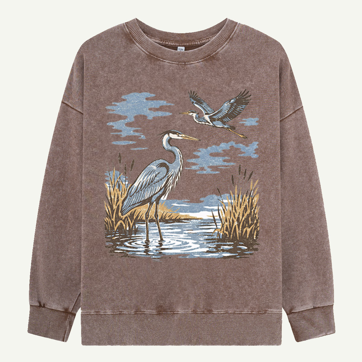 Vintage Heron Wetland Bird Nature Washed Sweatshirts