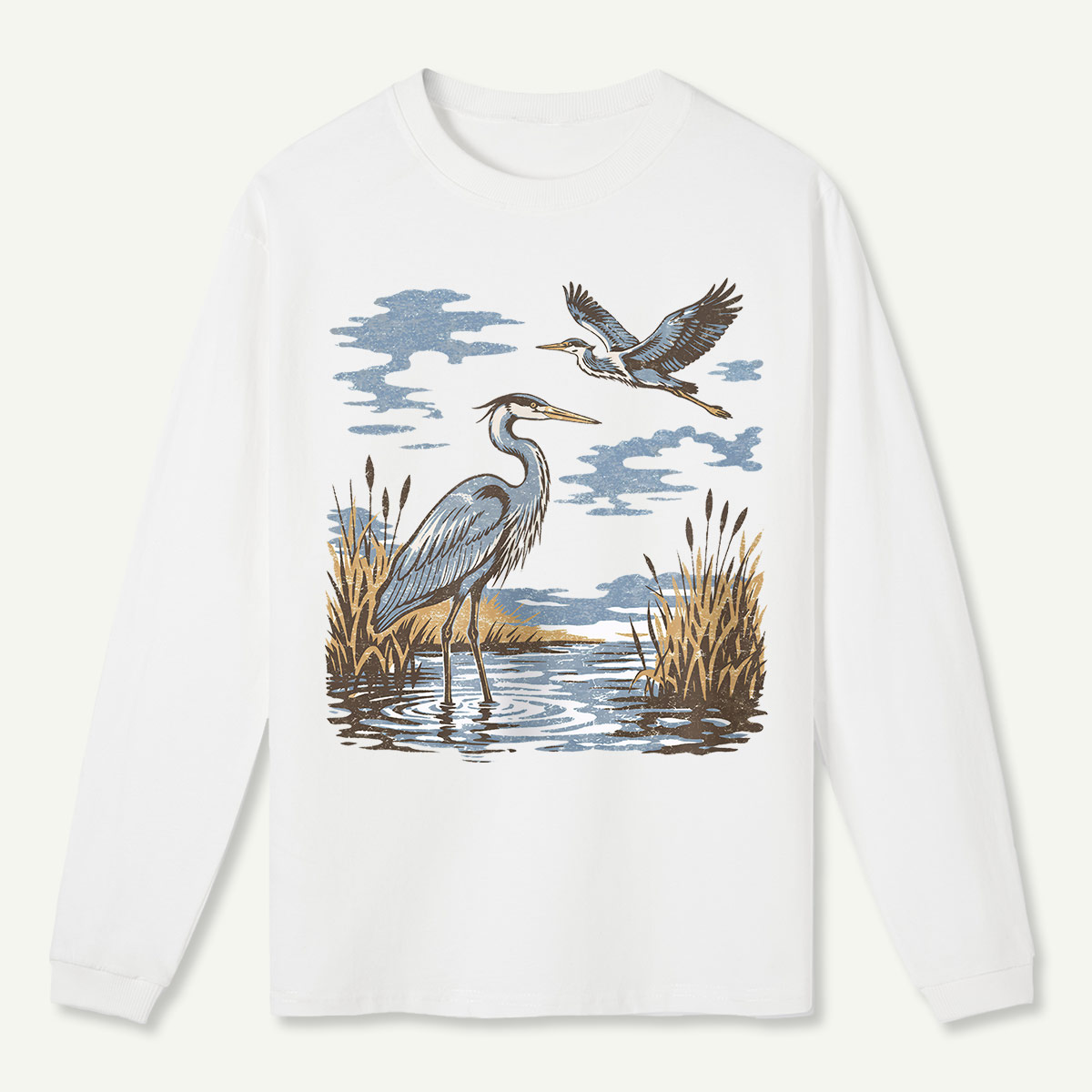 Vintage Heron Wetland Bird Nature  Long Sleeve T-Shirt
