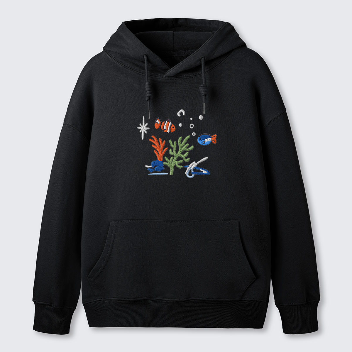 Underwater Reef Fish Embroidered Cotton Hoodie