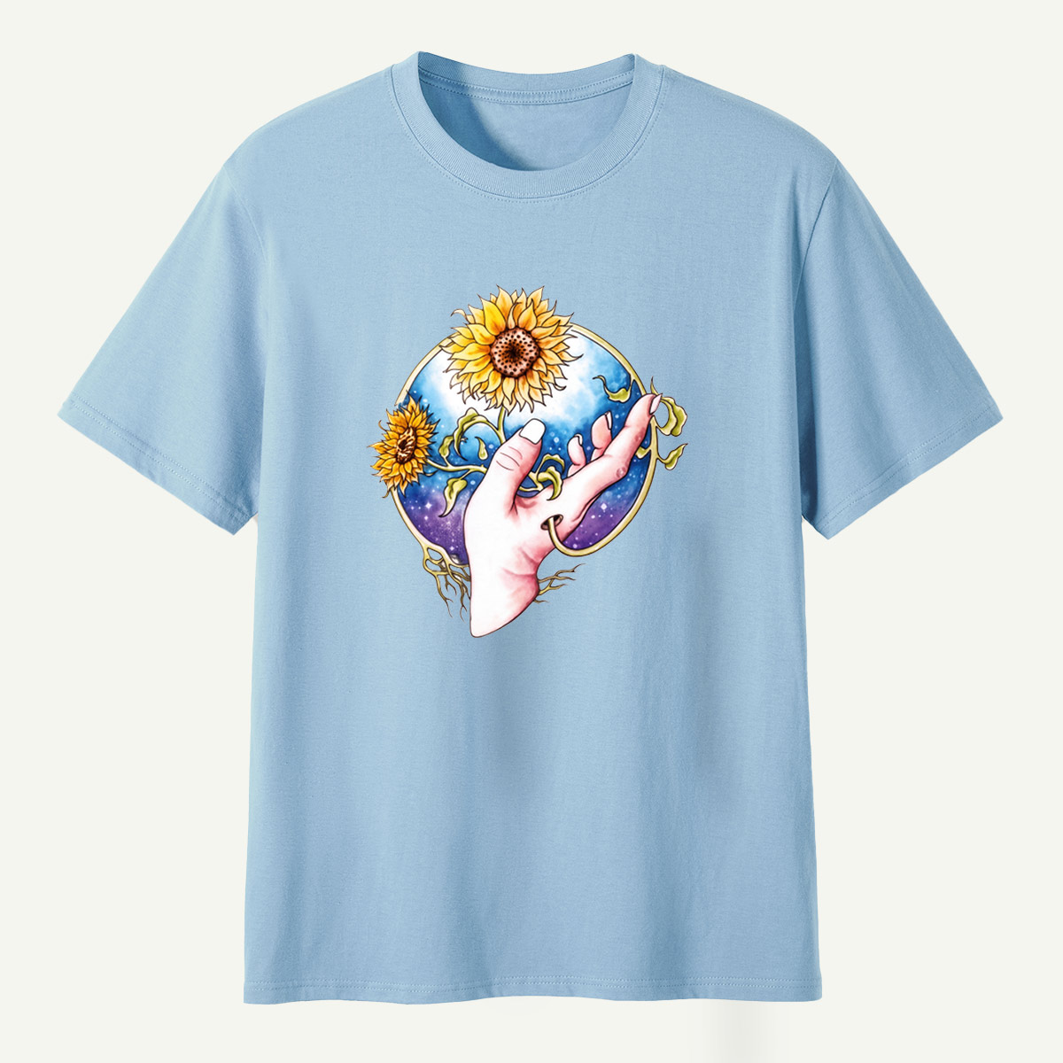 Sunflower Hand Galaxy Botanical Illustration T-Shirt