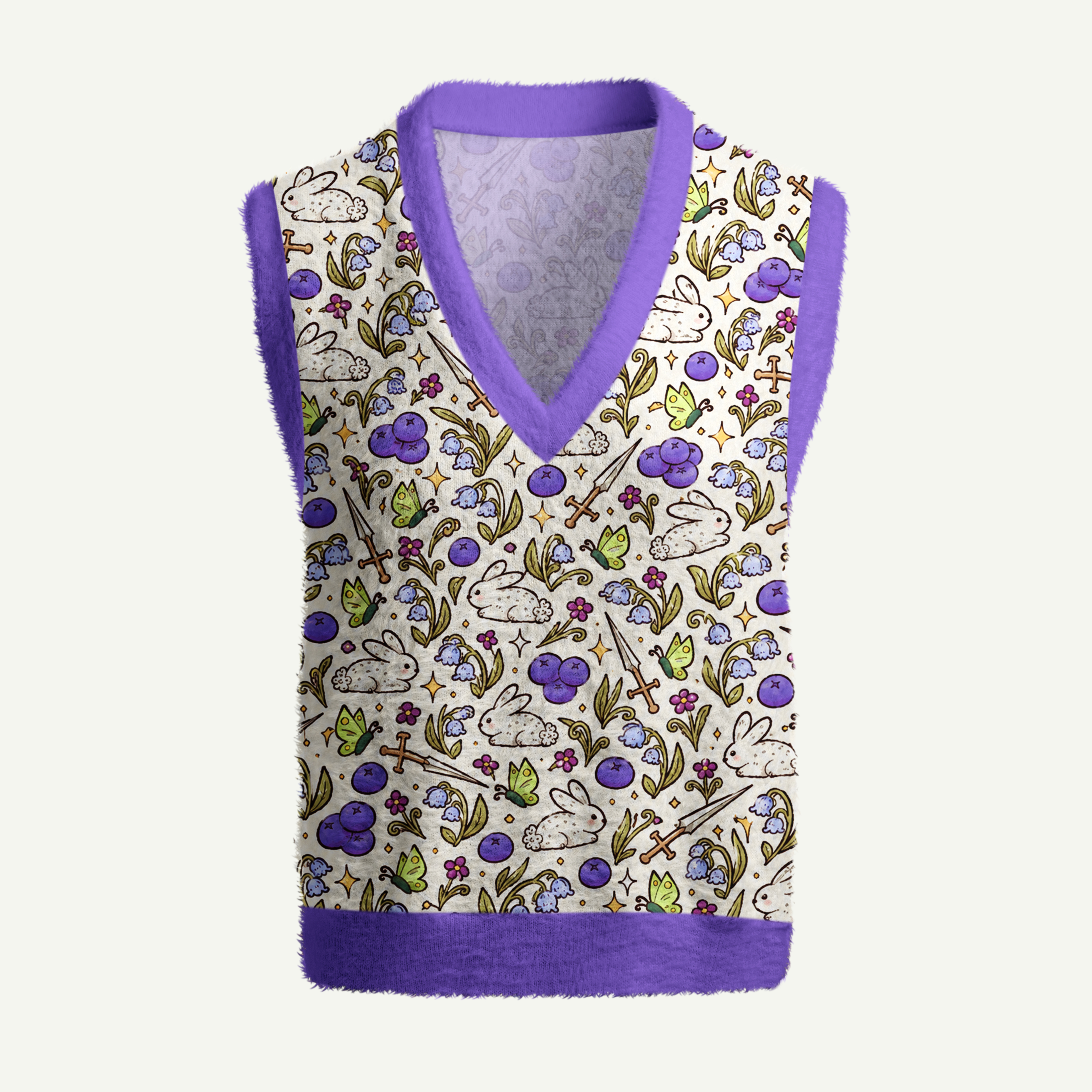 Blueberry Garden Rabbit Fantasy Adventure Women's Fuzzy Vest Sweater