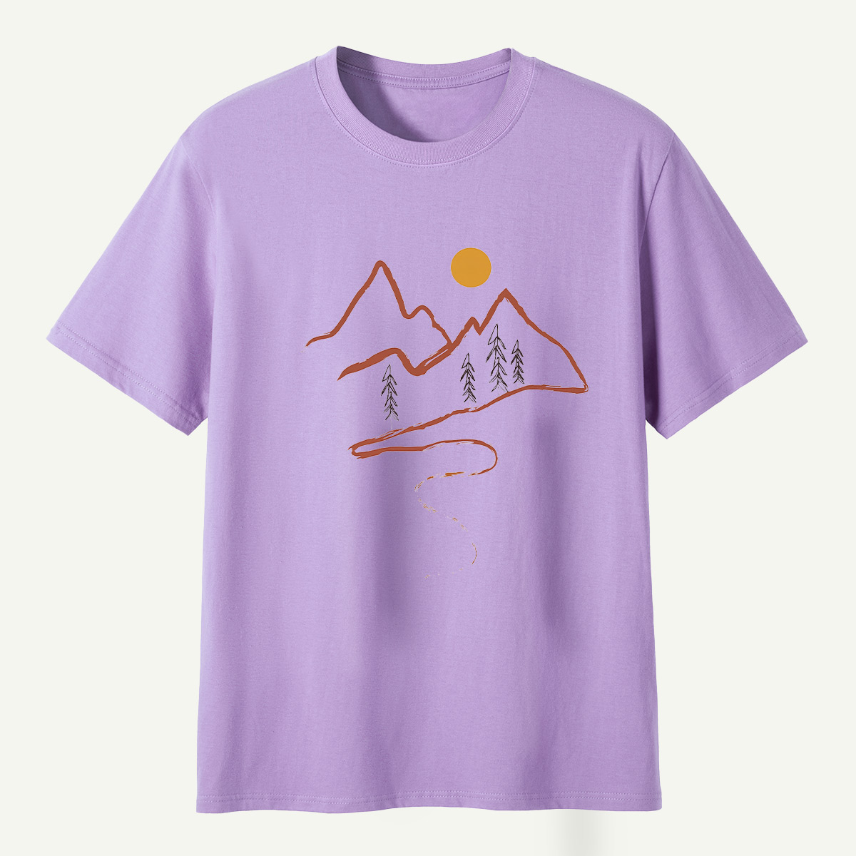 Minimal Mountain Sun Trail Line Art T-Shirt
