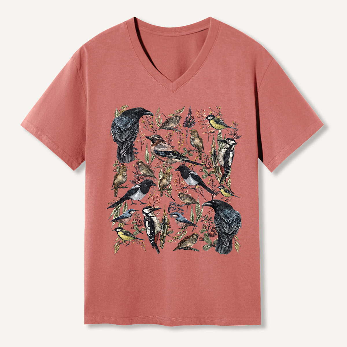 Vintage Wild Birds Botanical V-neck T-Shirt