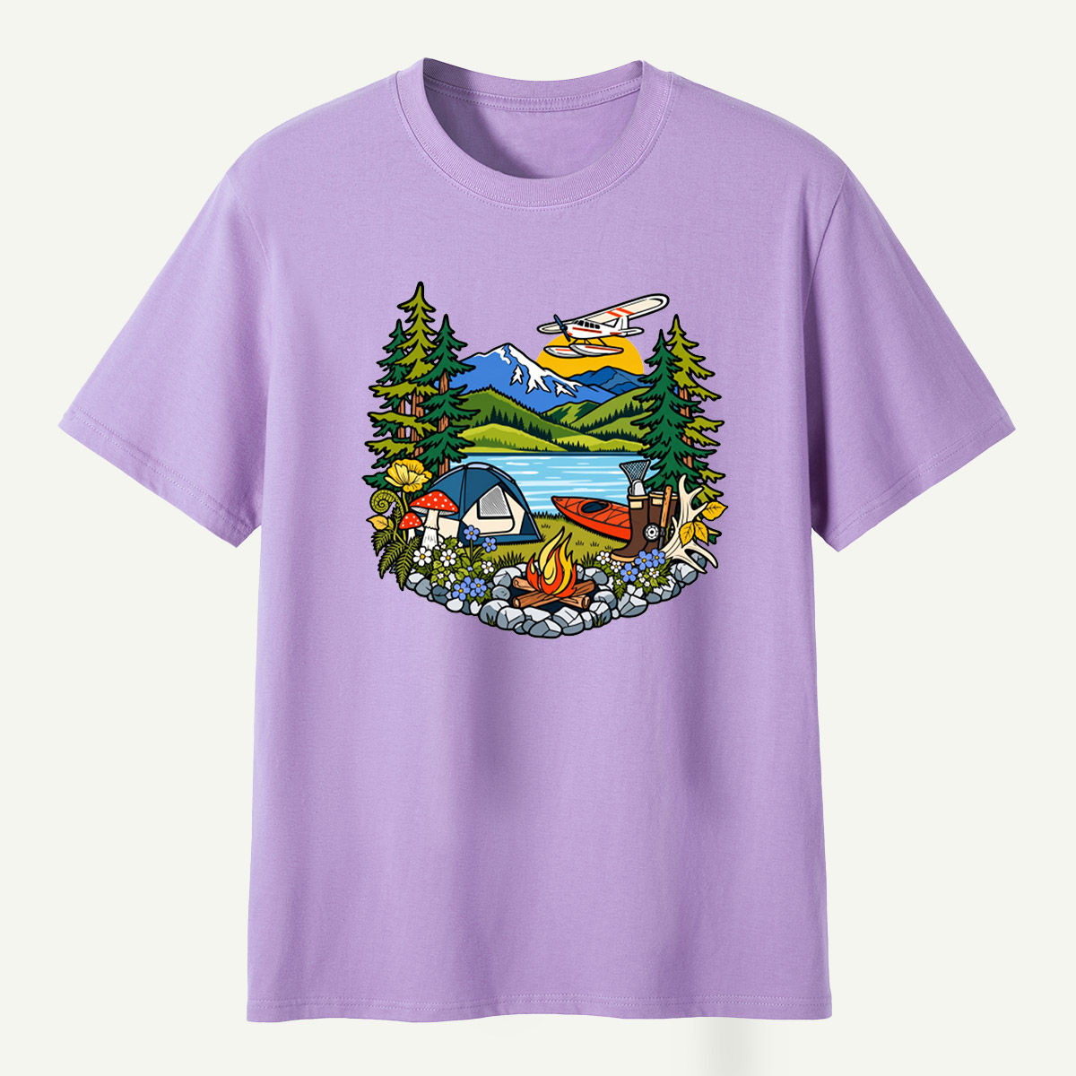 Lake Camping Kayak Seaplane Wilderness Scene T-Shirt