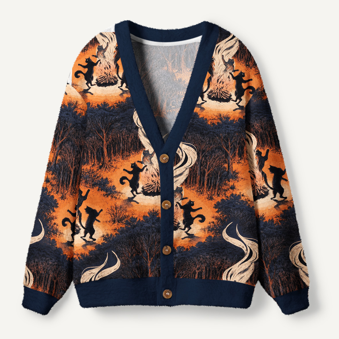 Black Cats Dancing Around A Mystical Bonfire Ugly Cardigan Sweaters