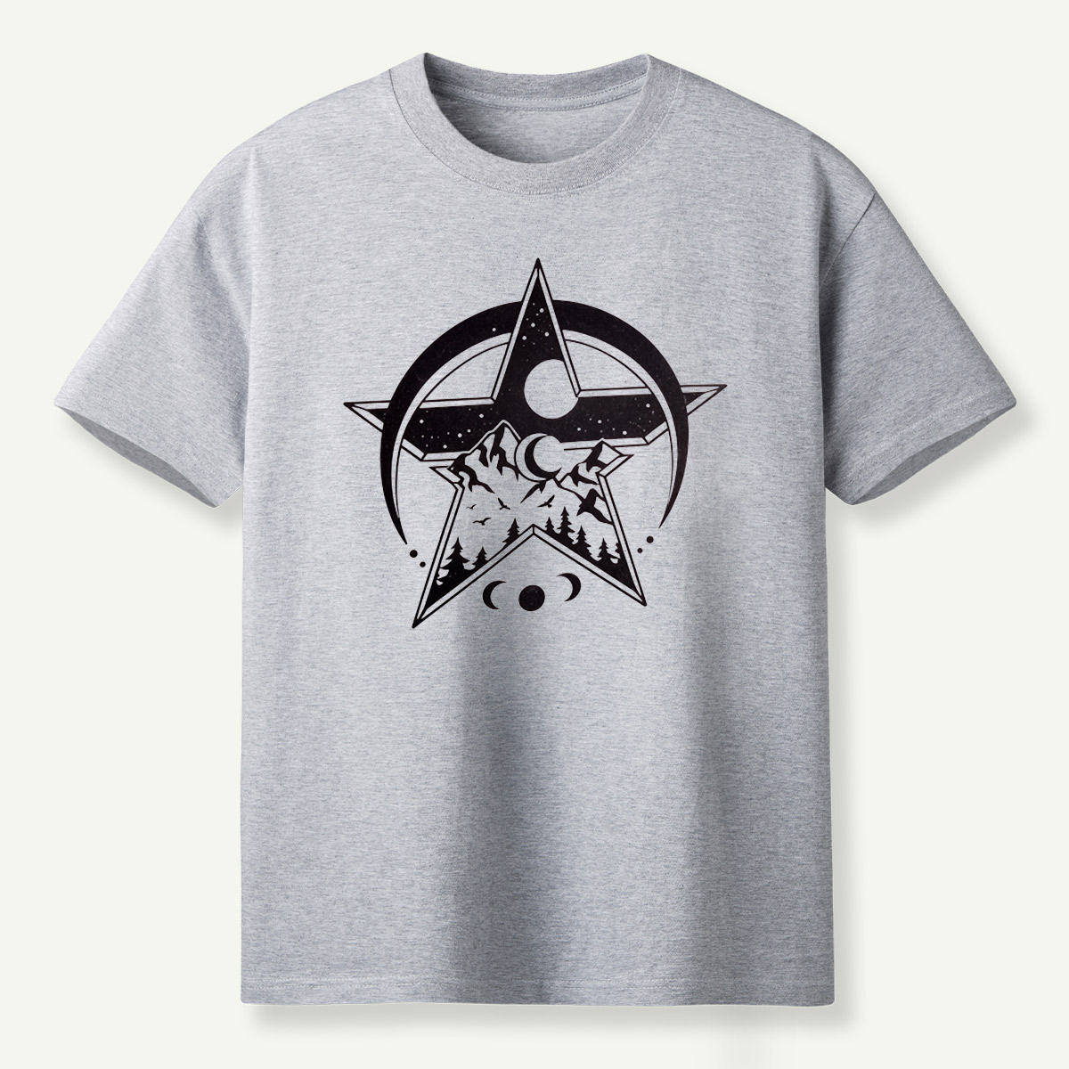 Geometric Star Mountain Moon Phase Celestial Emblem T-Shirt