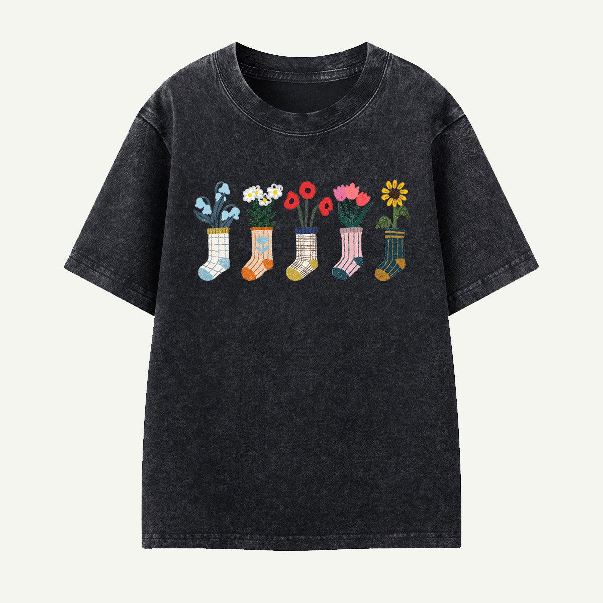 Sock Flower Garden Mint Kids Washed T-Shirt
