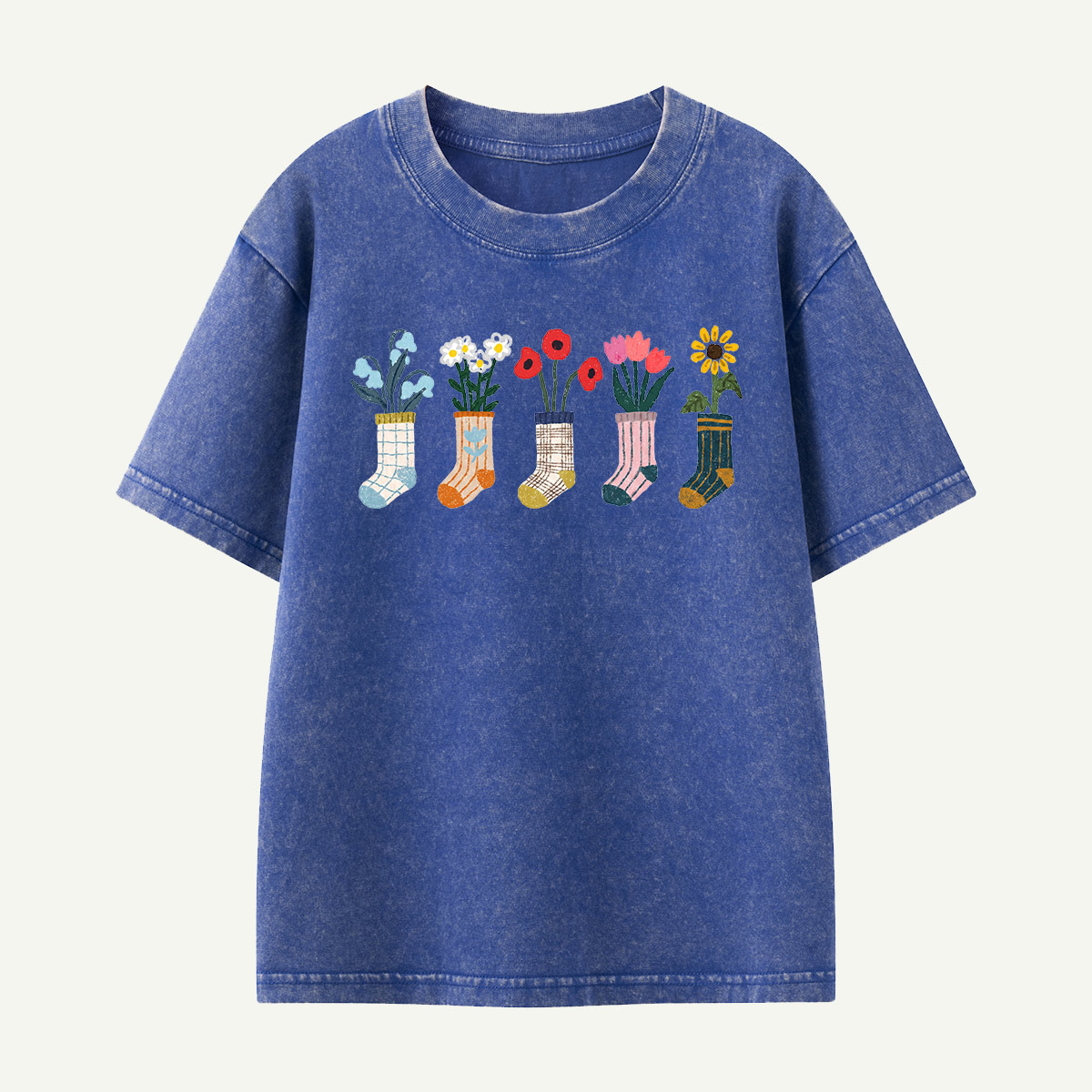 Sock Flower Garden Mint Kids Washed T-Shirt