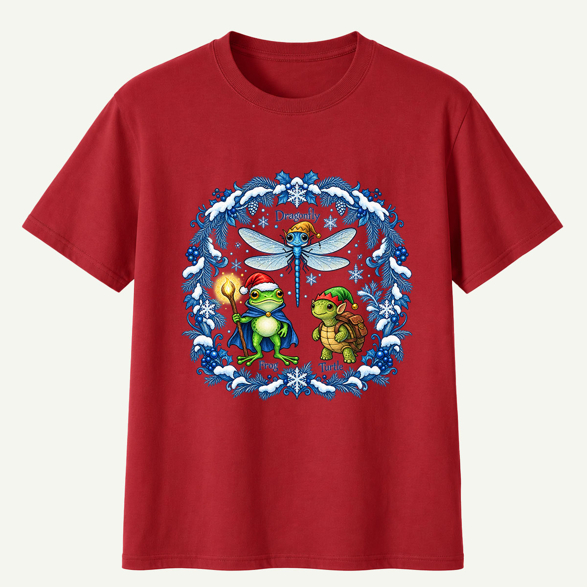 Fantasy Winter Forest Dragonfly Frog And Turtle Companions T-Shirt