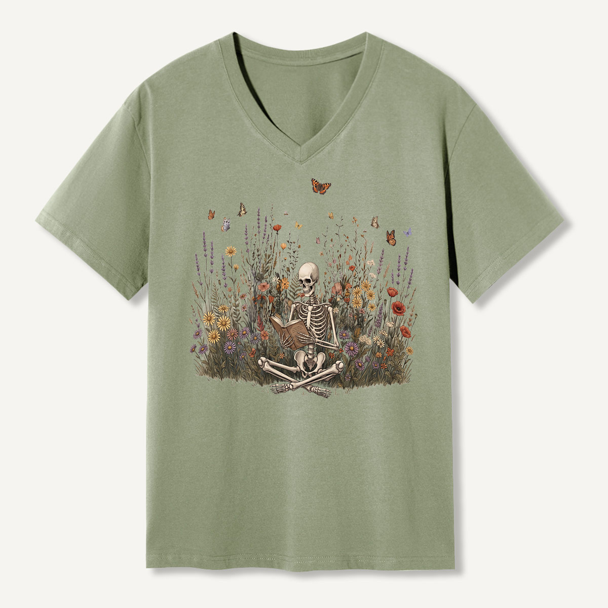 Skeleton Meditation Wildflower Garden V-neck T-Shirt
