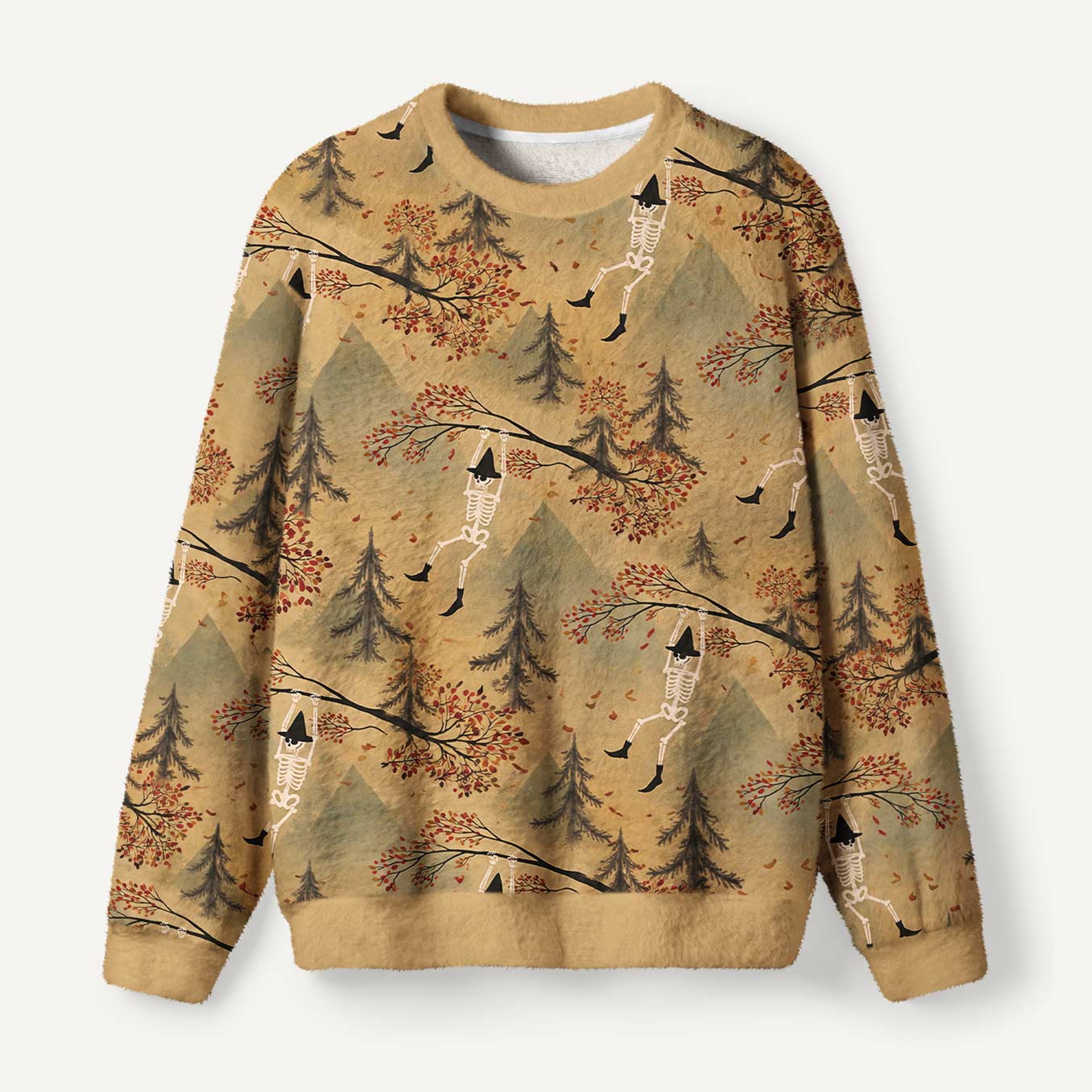 Playful Witch Skeleton Hanging From An Autumn Tree Branch Ugly Fuzzy Fleece Sweatshirt