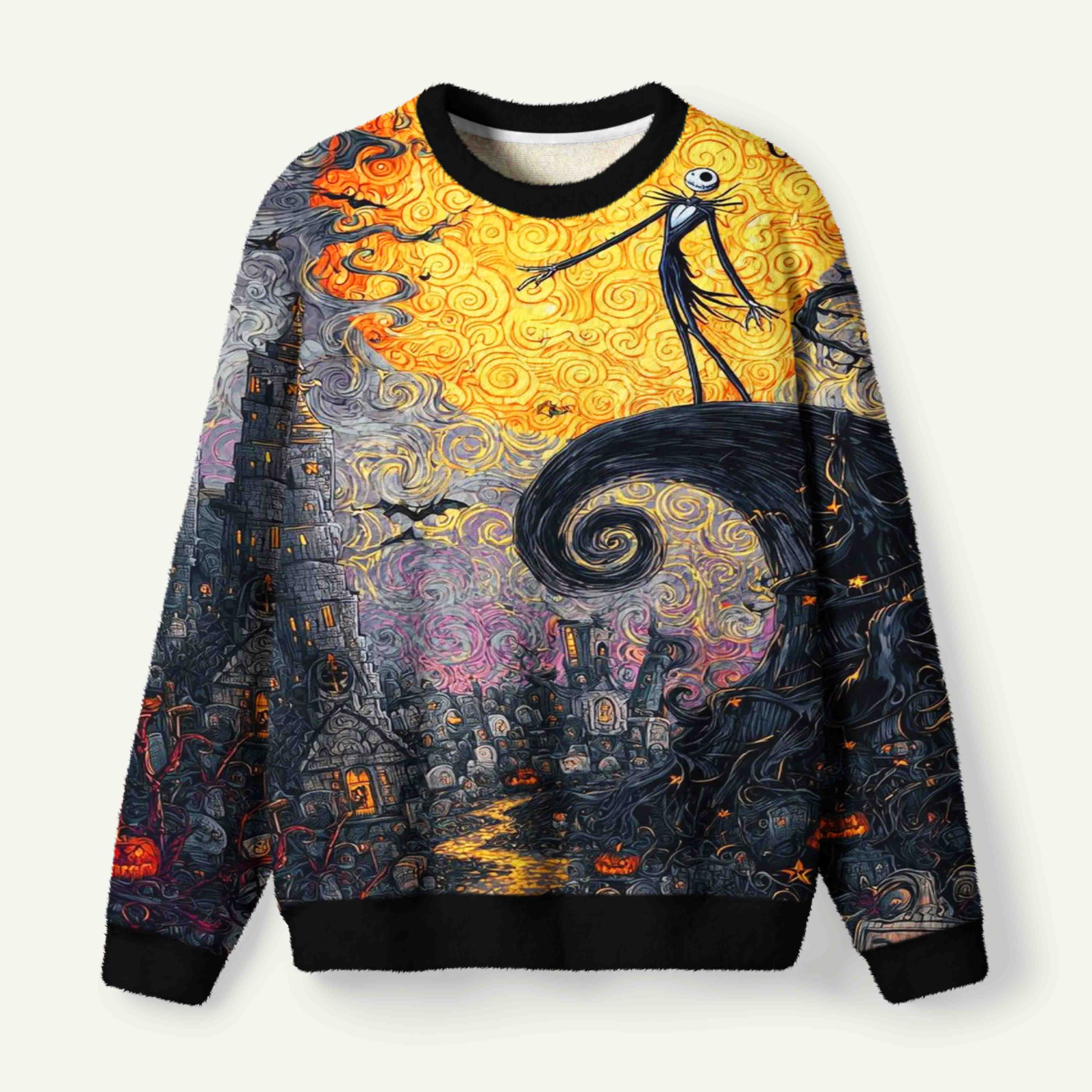 Jack Skellington Under The Golden Swirling Halloween Moon Ugly Fuzzy Fleece Sweatshirt