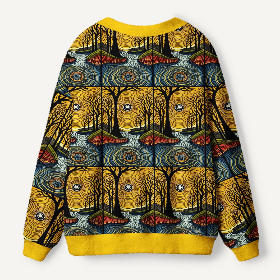 Golden Sunset Forest River Psychedelic Swirling Landscape Ugly Cardigan Sweaters