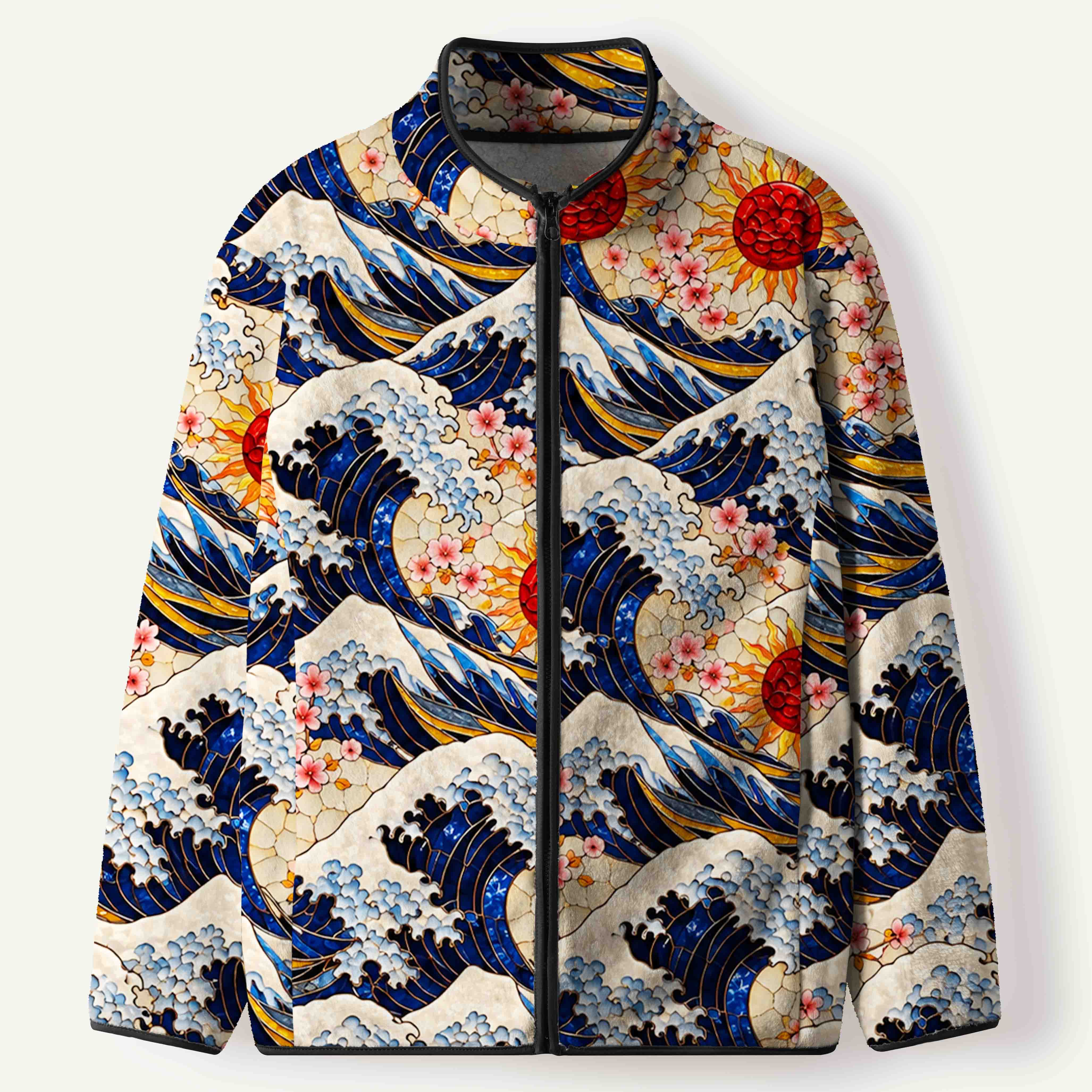 Japanese Great Wave Red Sun Cherry Blossom Ocean Art Men's Flannel Zip Front Cardigan