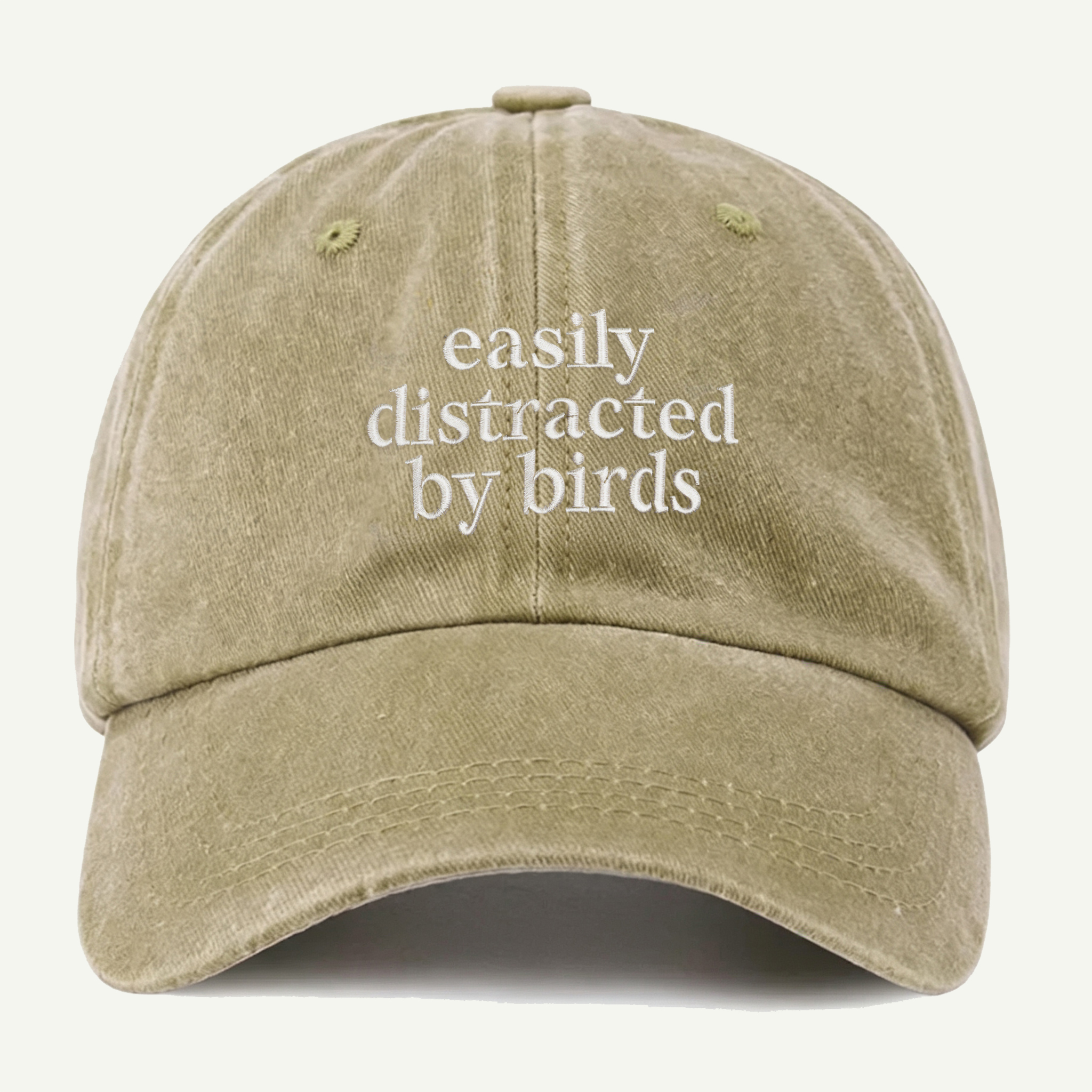 Easily Distracted By Birds Script Washed Embroidered Hat