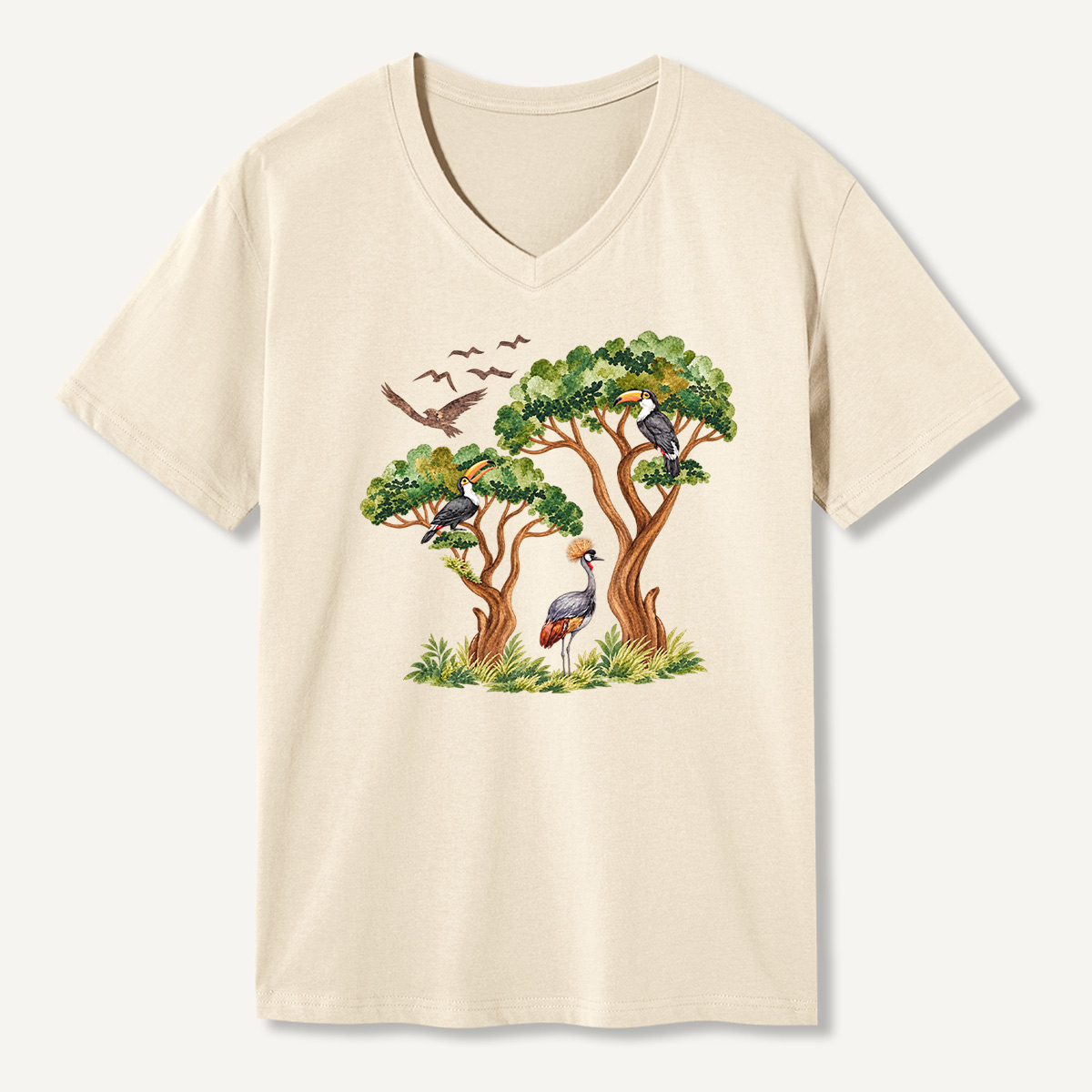 Tropical Toucan And Crowned Crane Forest V-neck T-Shirt